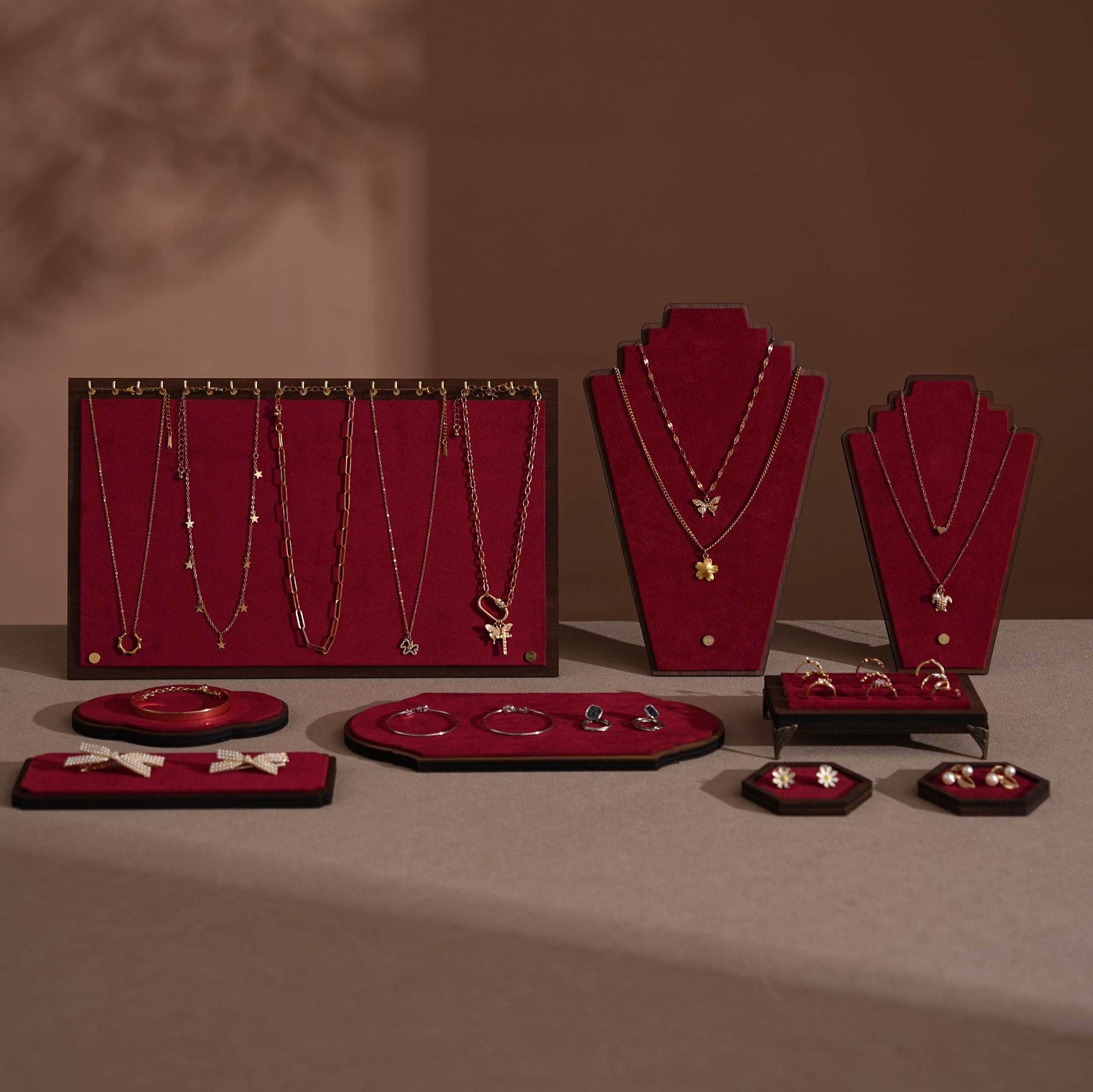Walnut Veneer Jewelry Display Set: Green Faux Leather Event Showcase Fair