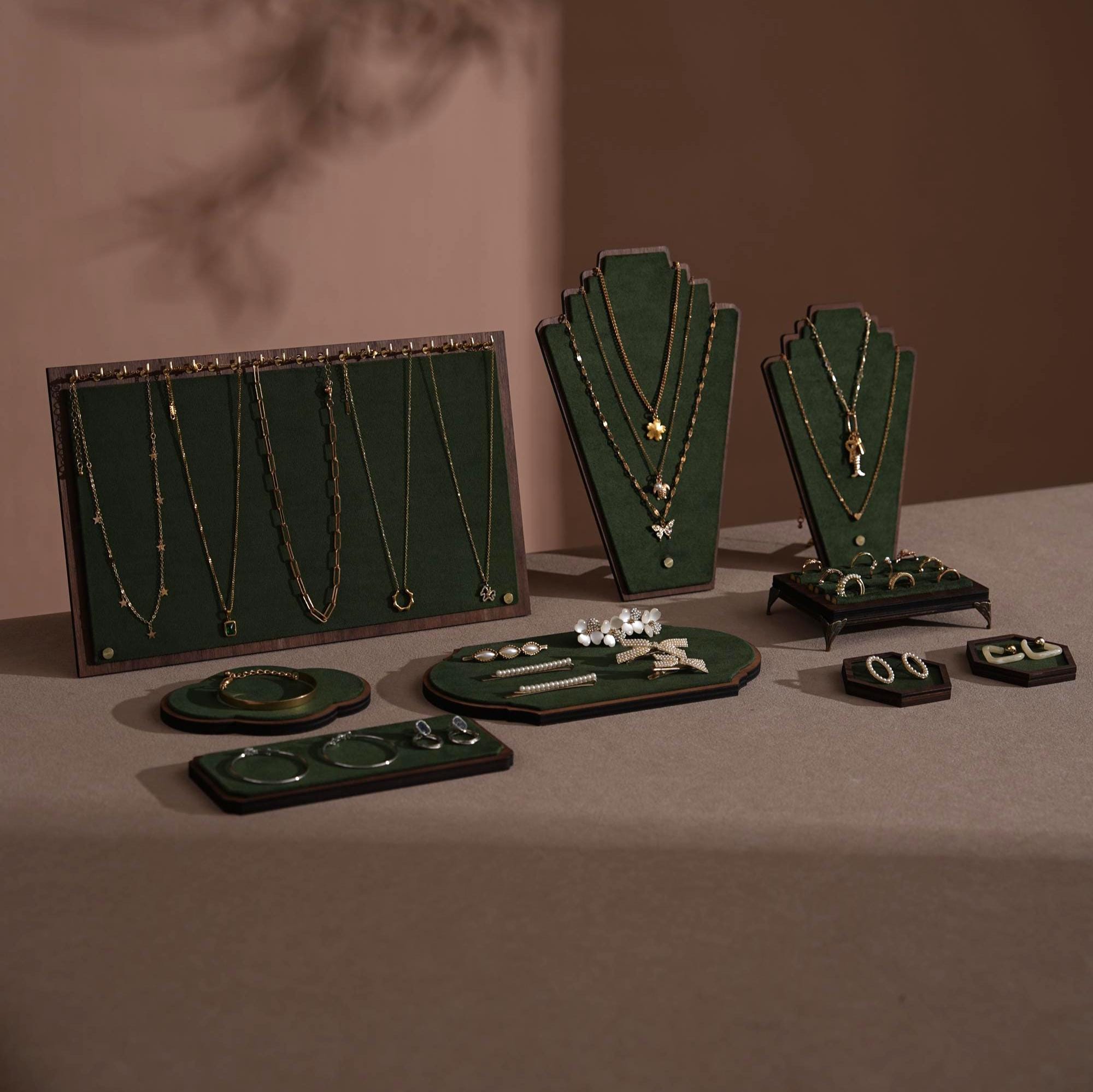 Walnut Veneer Jewelry Display Set: Green Faux Leather Event Showcase Fair