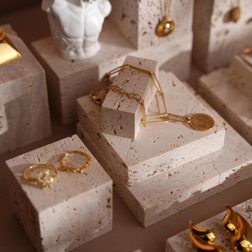 Yellow Travertine Jewelry Display Set: 22-Piece Boutique Collection