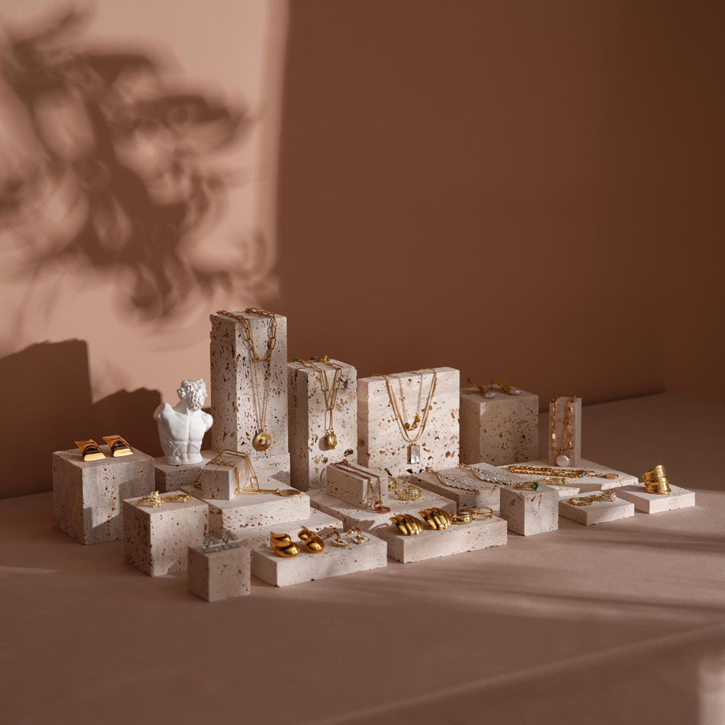 Yellow Travertine Jewelry Display Set: 22-Piece Boutique Collection