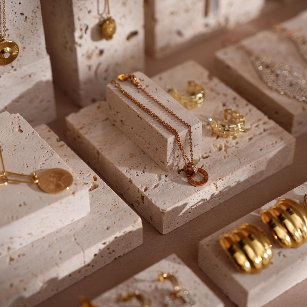 Yellow Travertine Jewelry Display Set: 22-Piece Boutique Collection