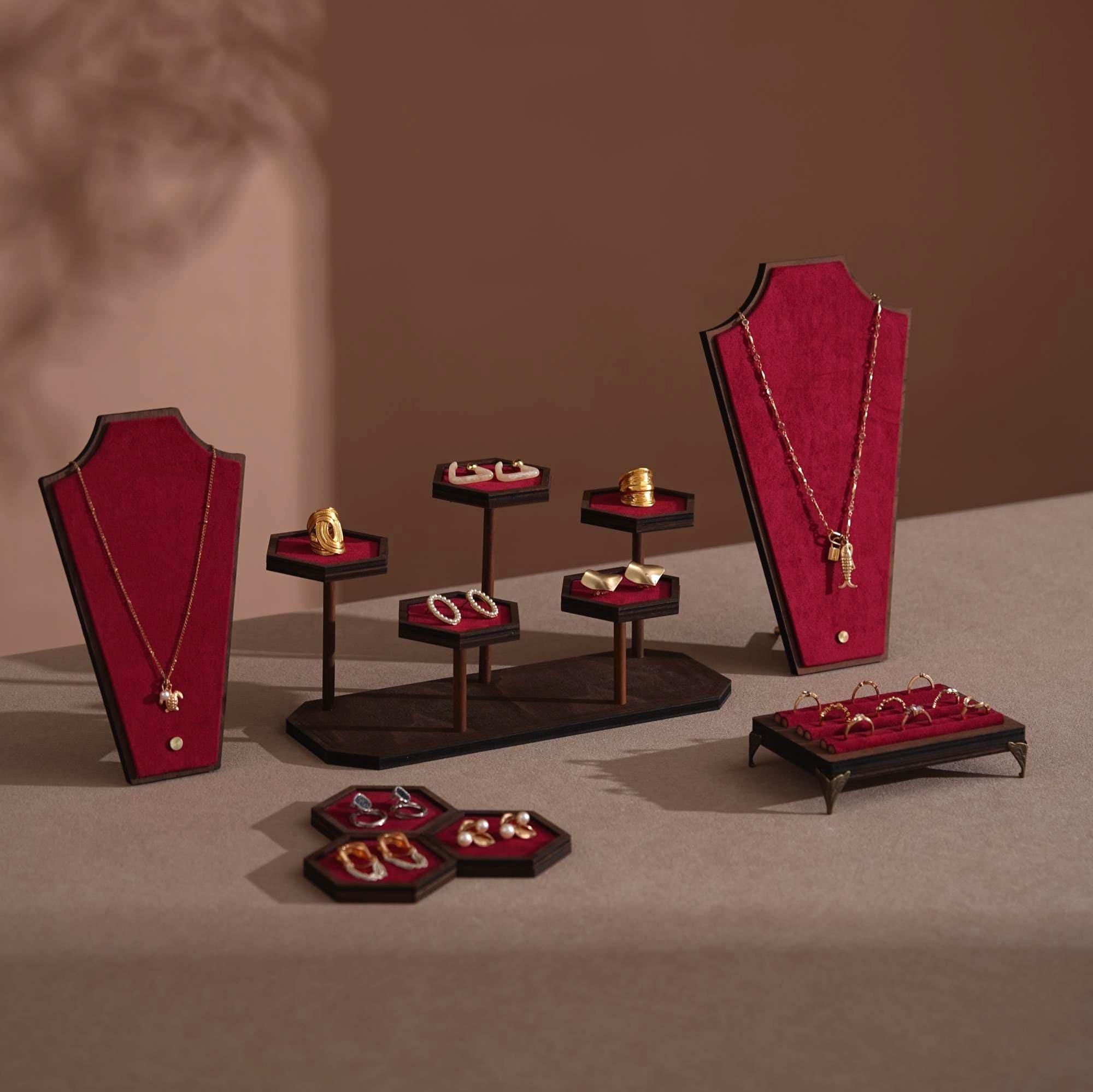 Walnut Veneer Jewelry Vendor Display Set (7-Piece) | 12 Colors
