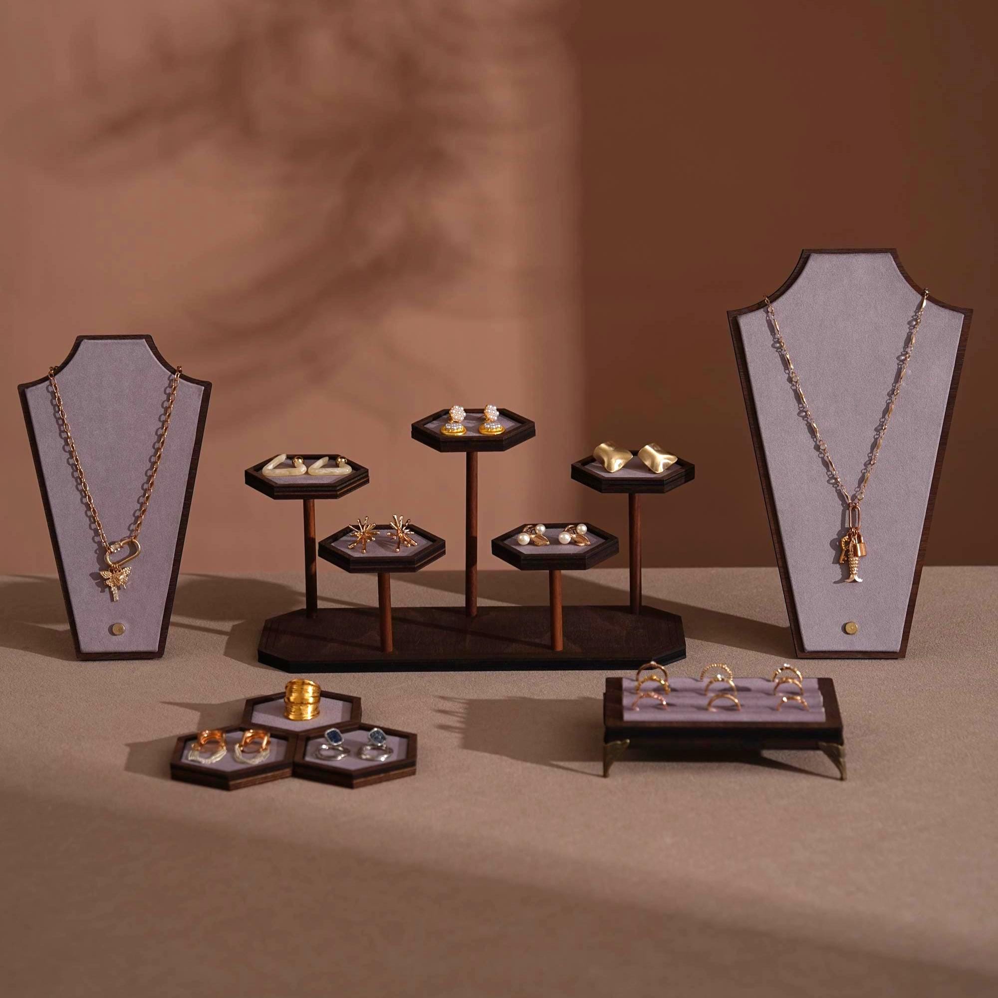 Walnut Veneer Jewelry Vendor Display Set (7-Piece) | 12 Colors