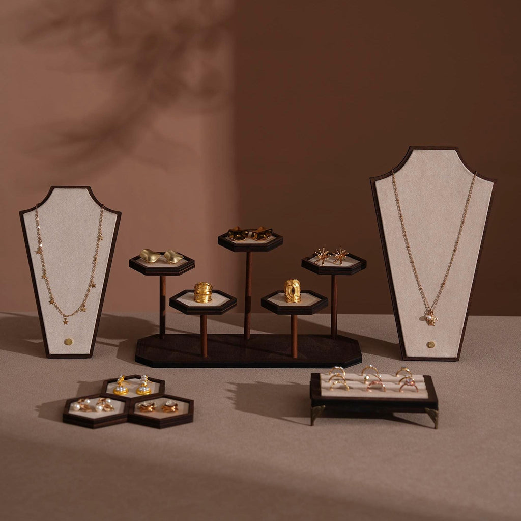 Handcrafted Walnut Veneer Jewelry Display Set | 7 Pieces | 14 Colors