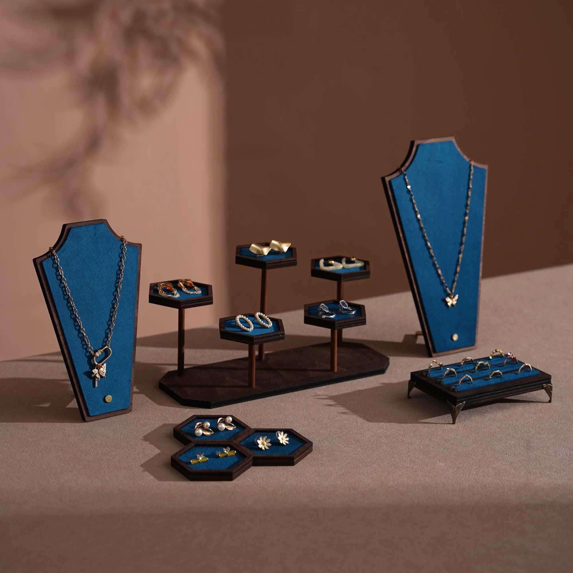 Walnut Veneer Jewelry Vendor Display Set (7-Piece) | 12 Colors