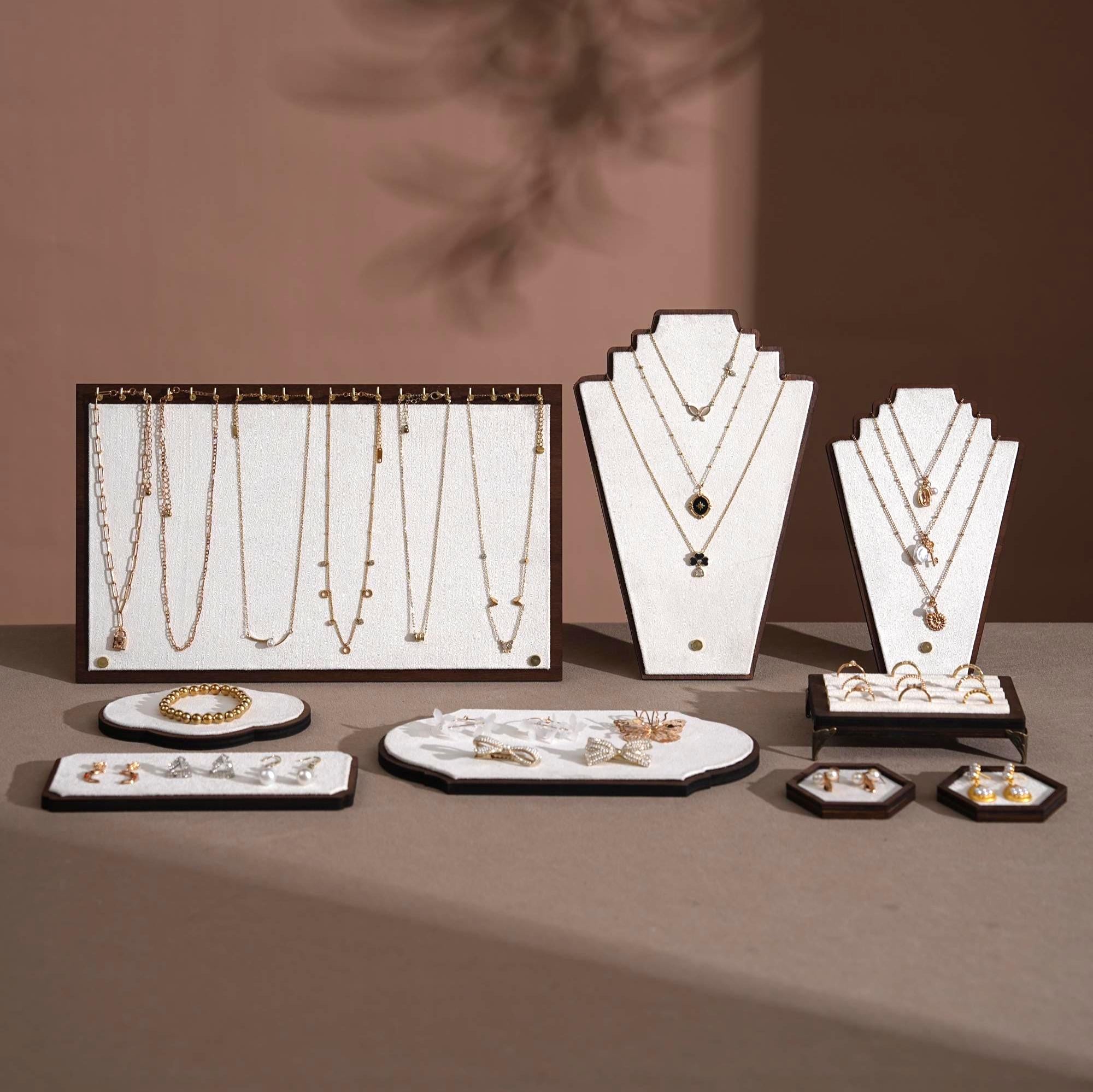 Walnut Veneer Jewelry Display Set: Green Faux Leather Event Showcase Fair