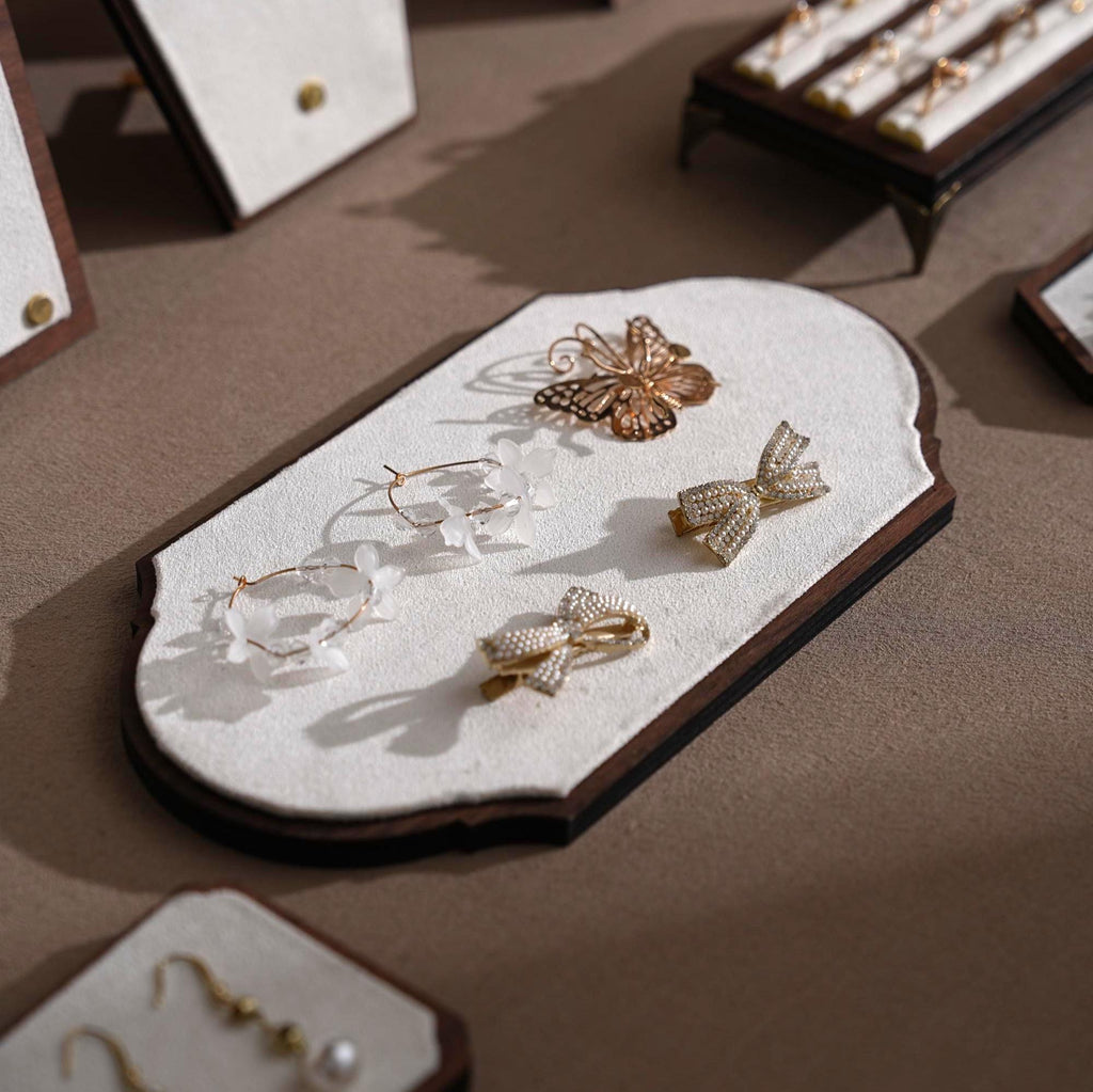 Walnut Veneer Jewelry Display Set: Green Faux Leather Event Showcase Fair