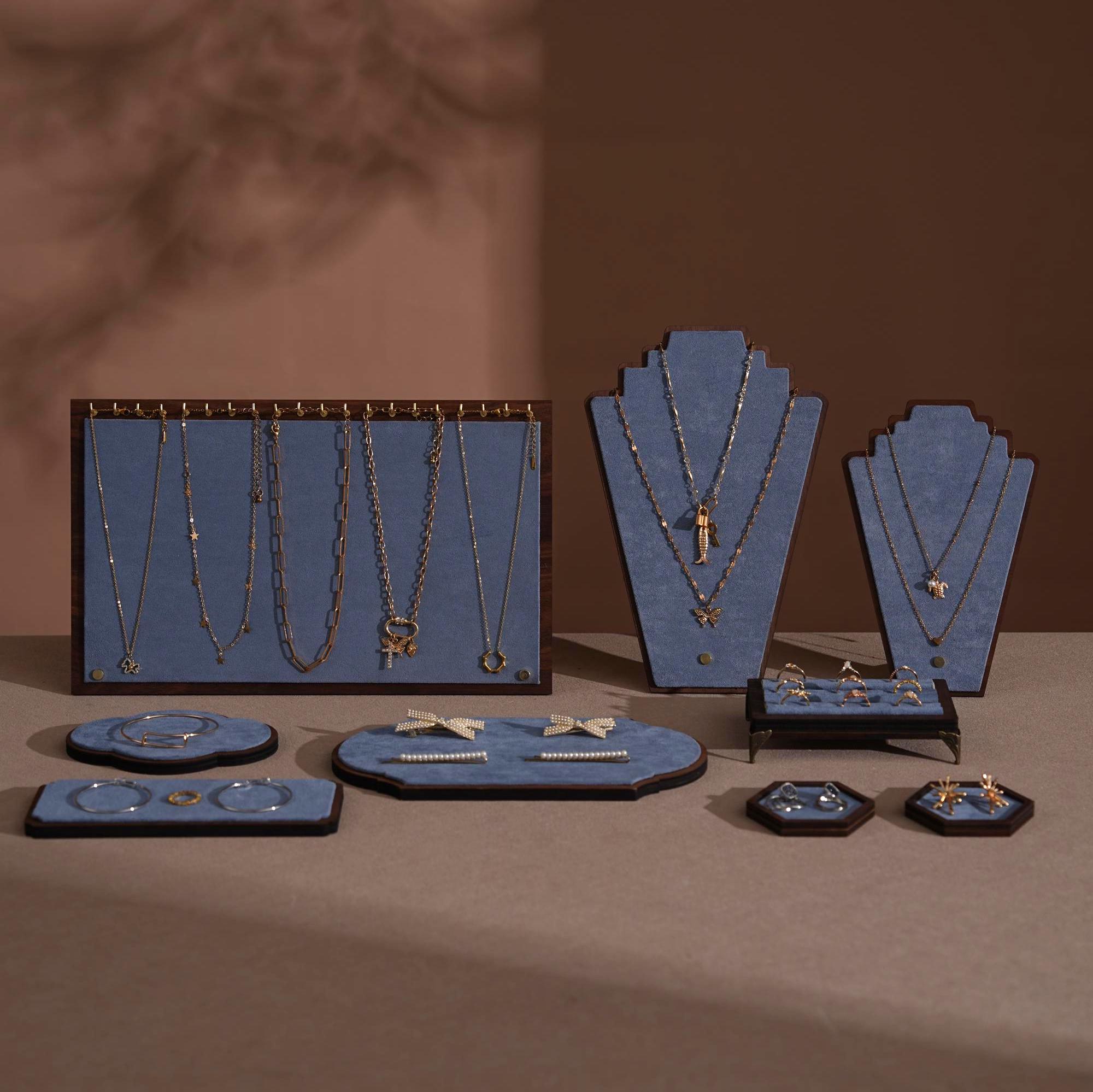Walnut Veneer Jewelry Display Set: Green Faux Leather Event Showcase Fair