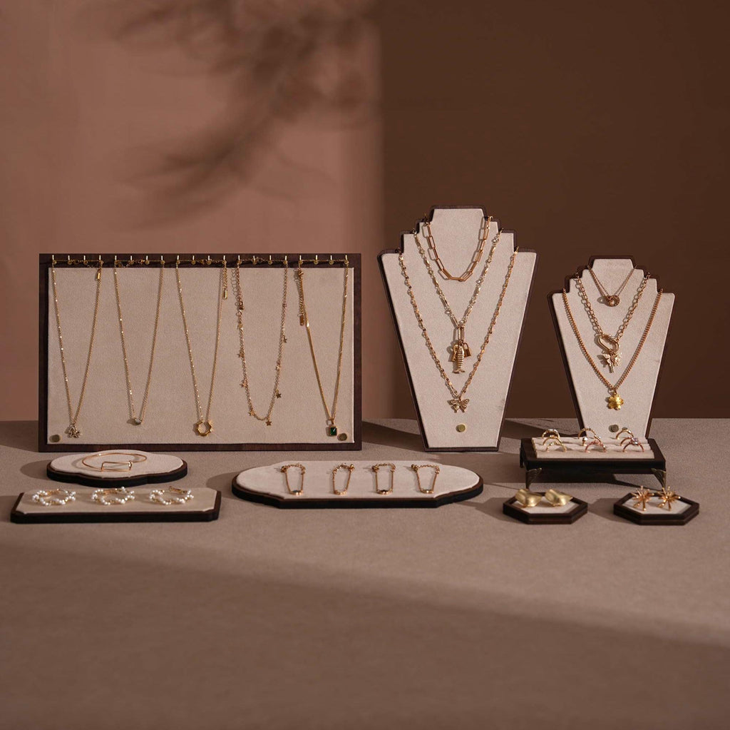 Walnut Veneer Jewelry Display Set: Green Faux Leather Event Showcase Fair