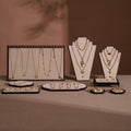 Walnut Veneer Jewelry Display Set: Green Faux Leather Event Showcase Fair