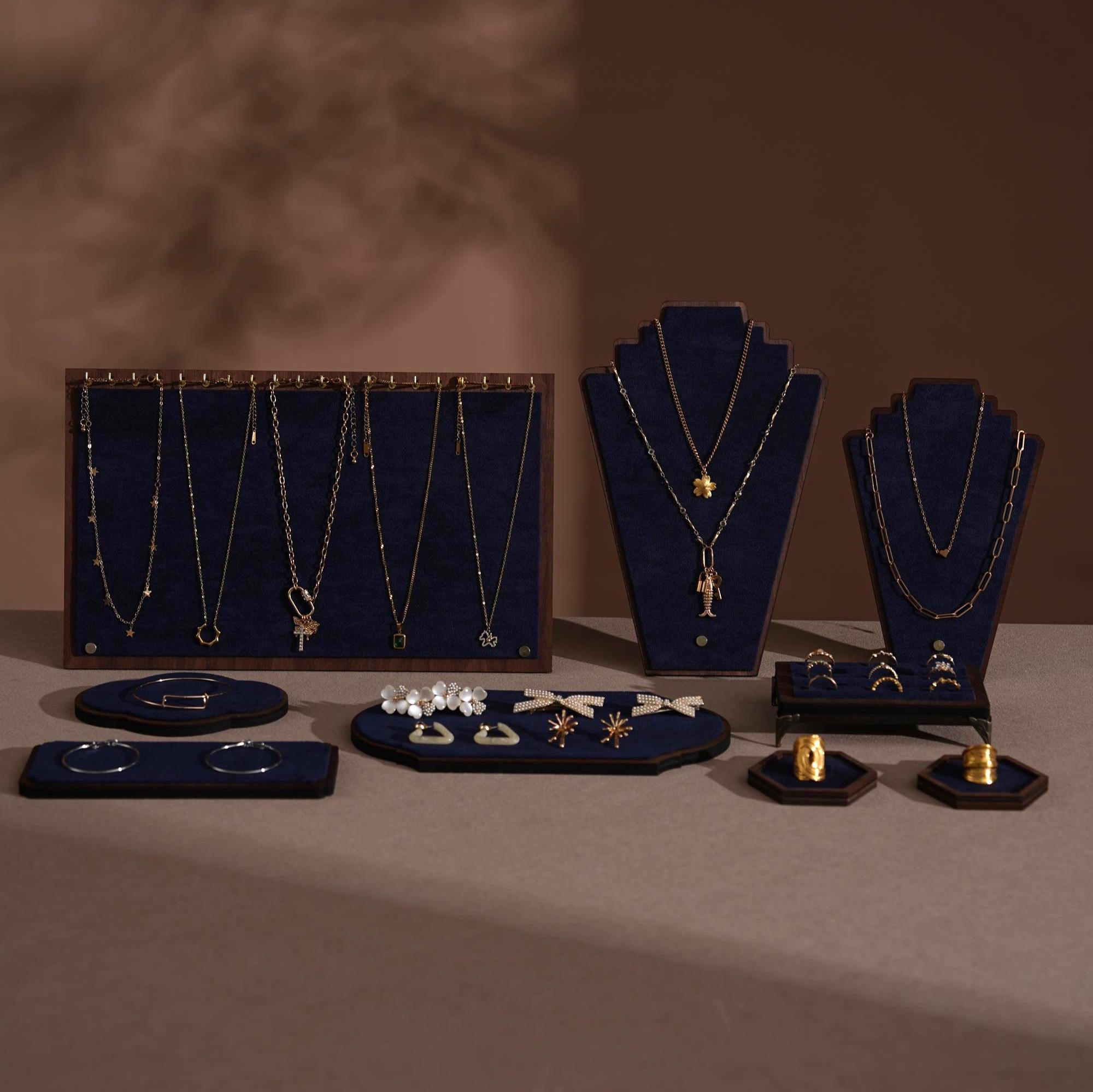 Walnut Veneer Jewelry Display Set: Green Faux Leather Event Showcase Fair