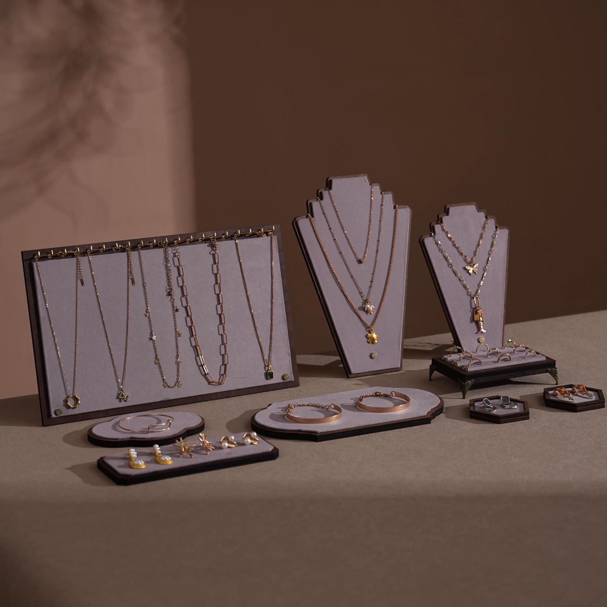 Walnut Veneer Jewelry Display Set: Green Faux Leather Event Showcase Fair