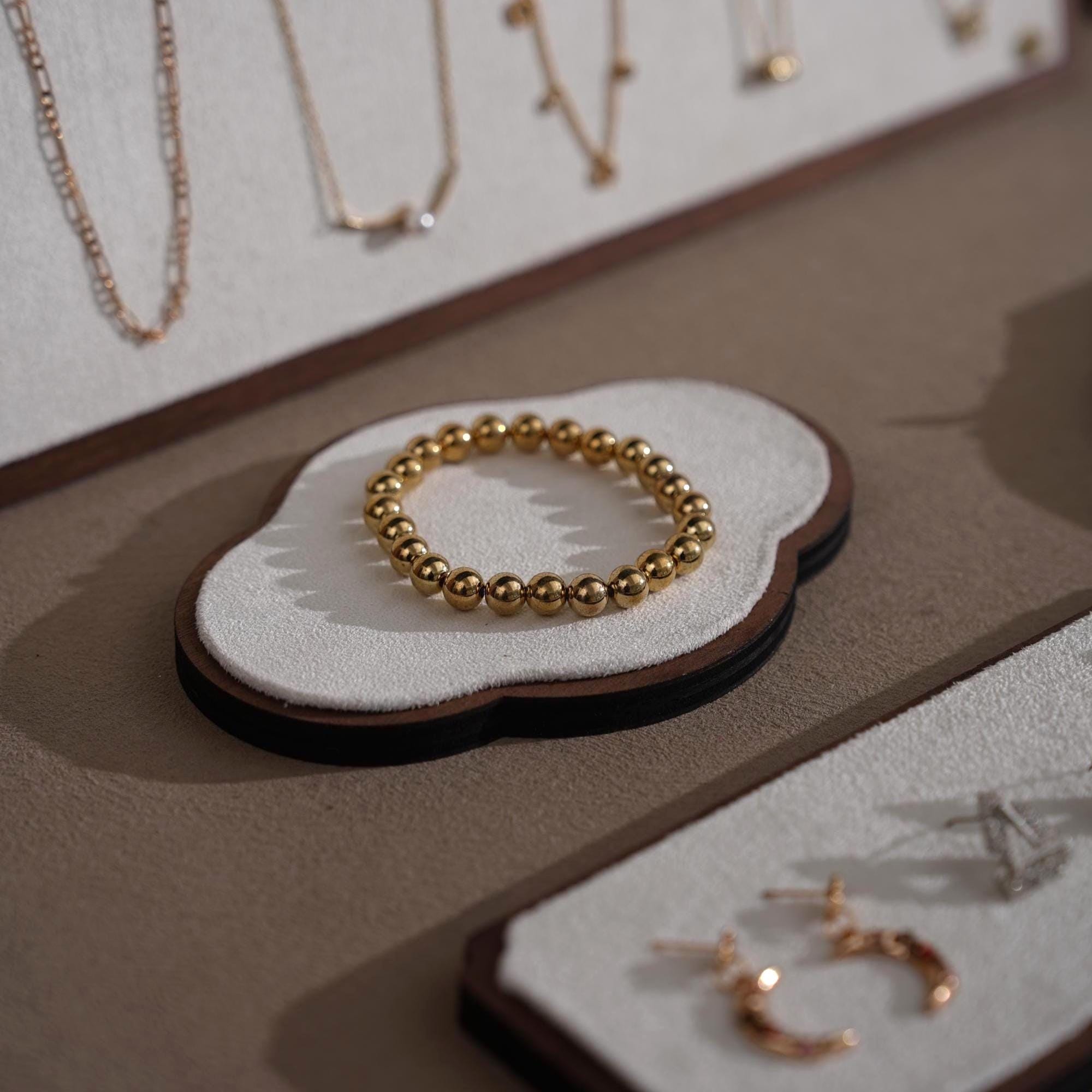 Walnut Veneer Jewelry Display Set: Green Faux Leather Event Showcase Fair