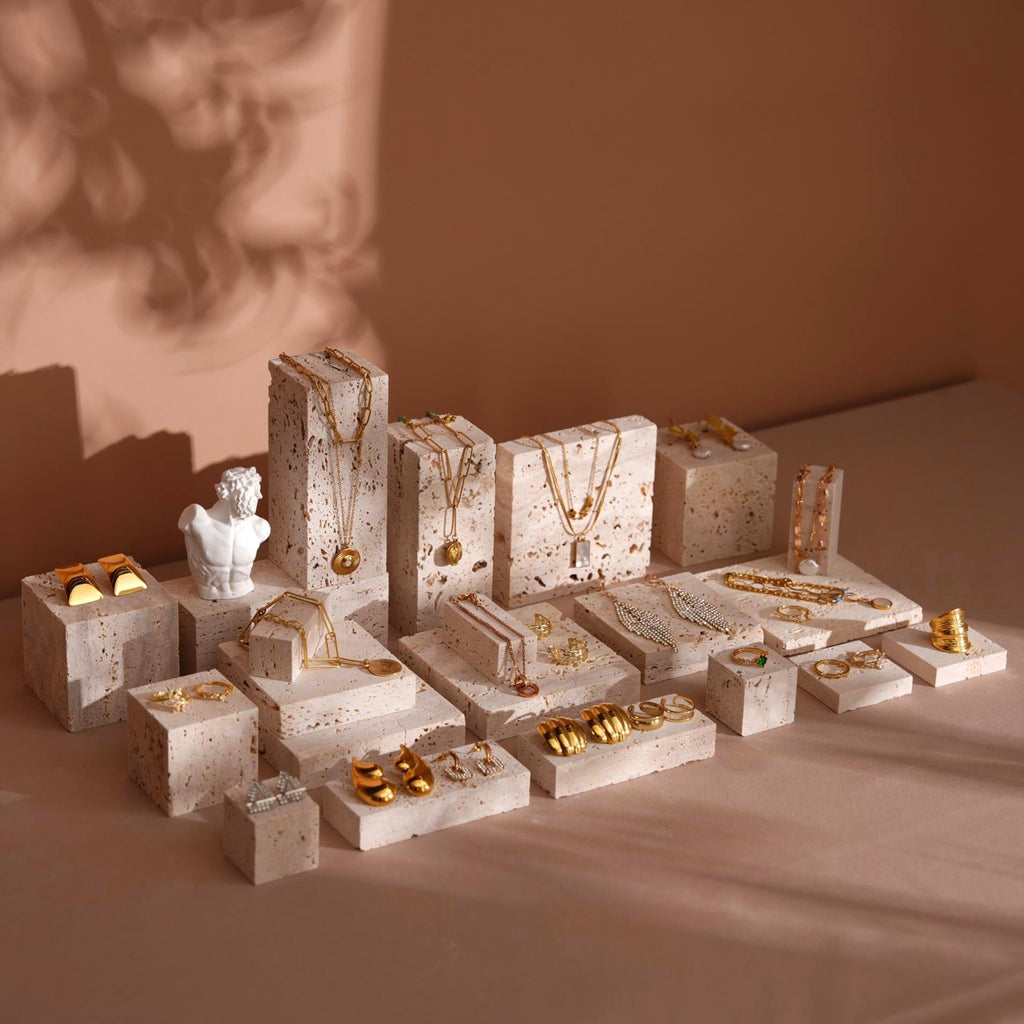 Yellow Travertine Jewelry Display Set: 22-Piece Boutique Collection