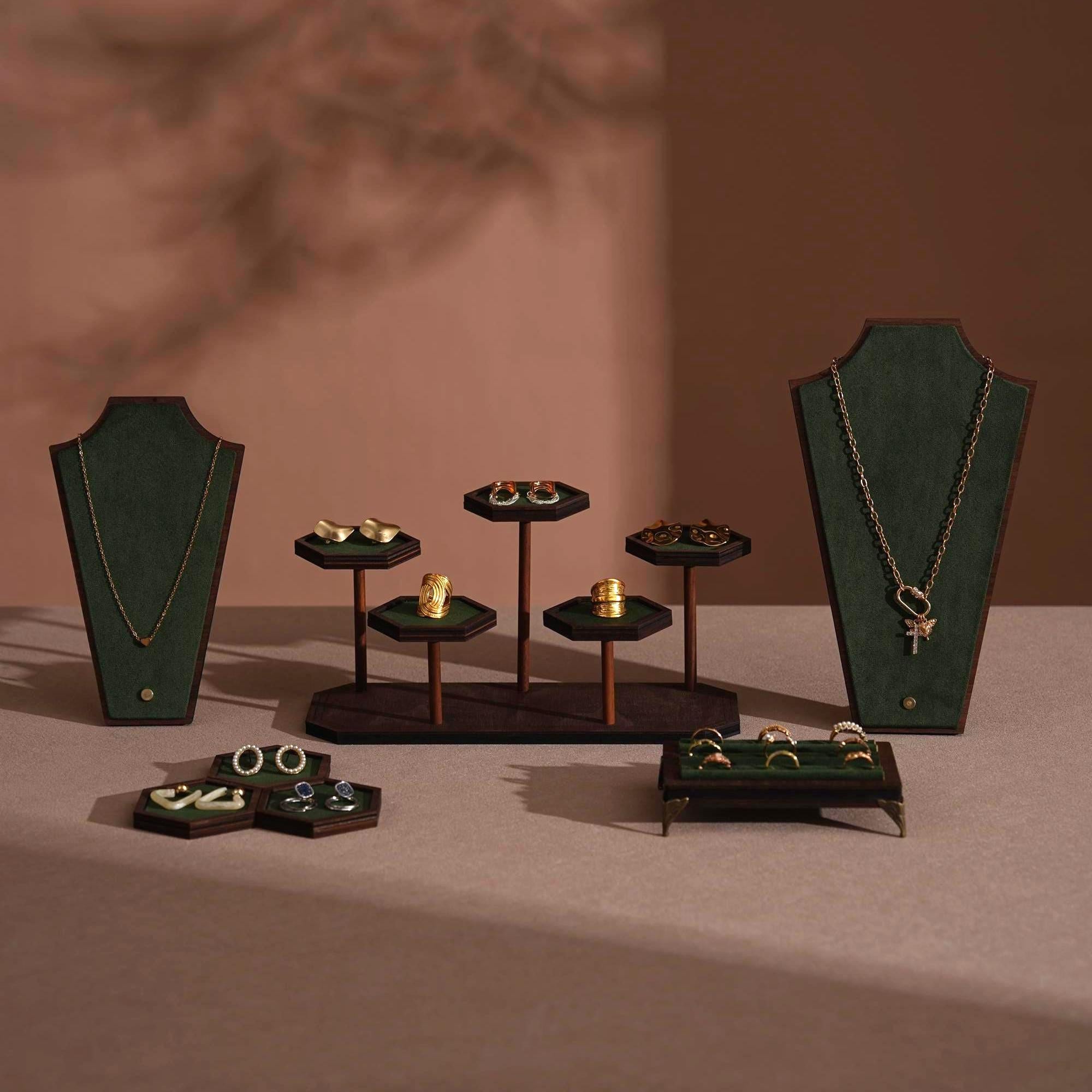 Walnut Veneer Jewelry Vendor Display Set (7-Piece) | 12 Colors