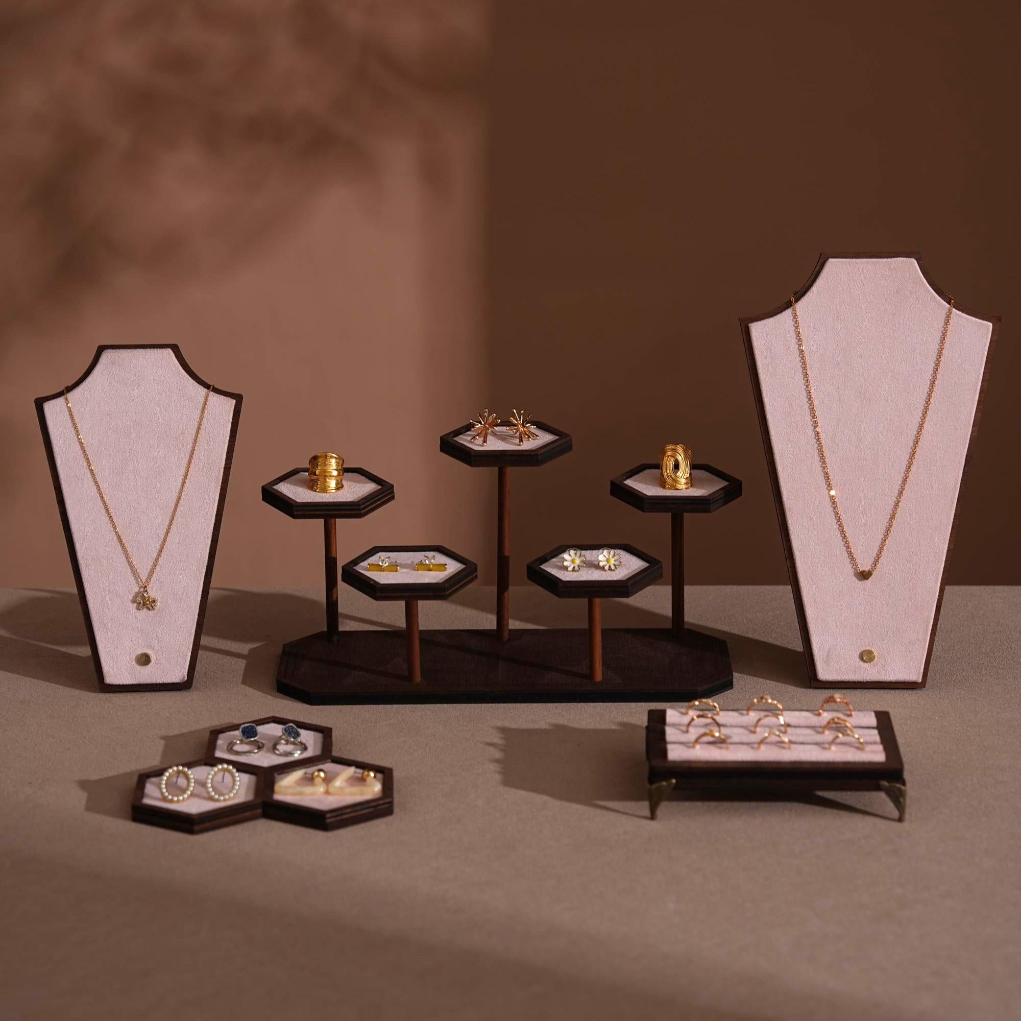 Walnut Veneer Jewelry Vendor Display Set (7-Piece) | 12 Colors