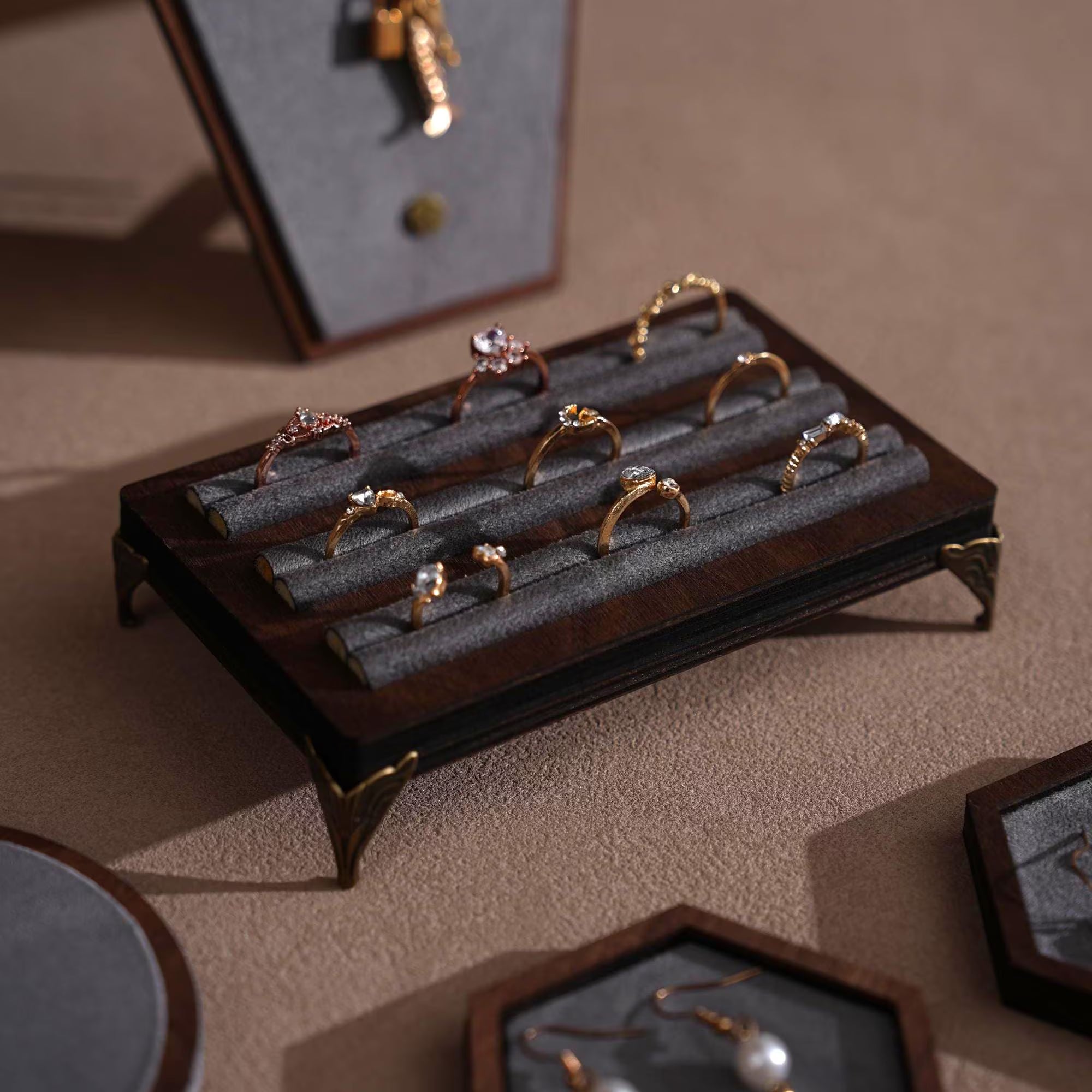 Walnut Veneer Jewelry Vendor Display Set (7-Piece) | 12 Colors