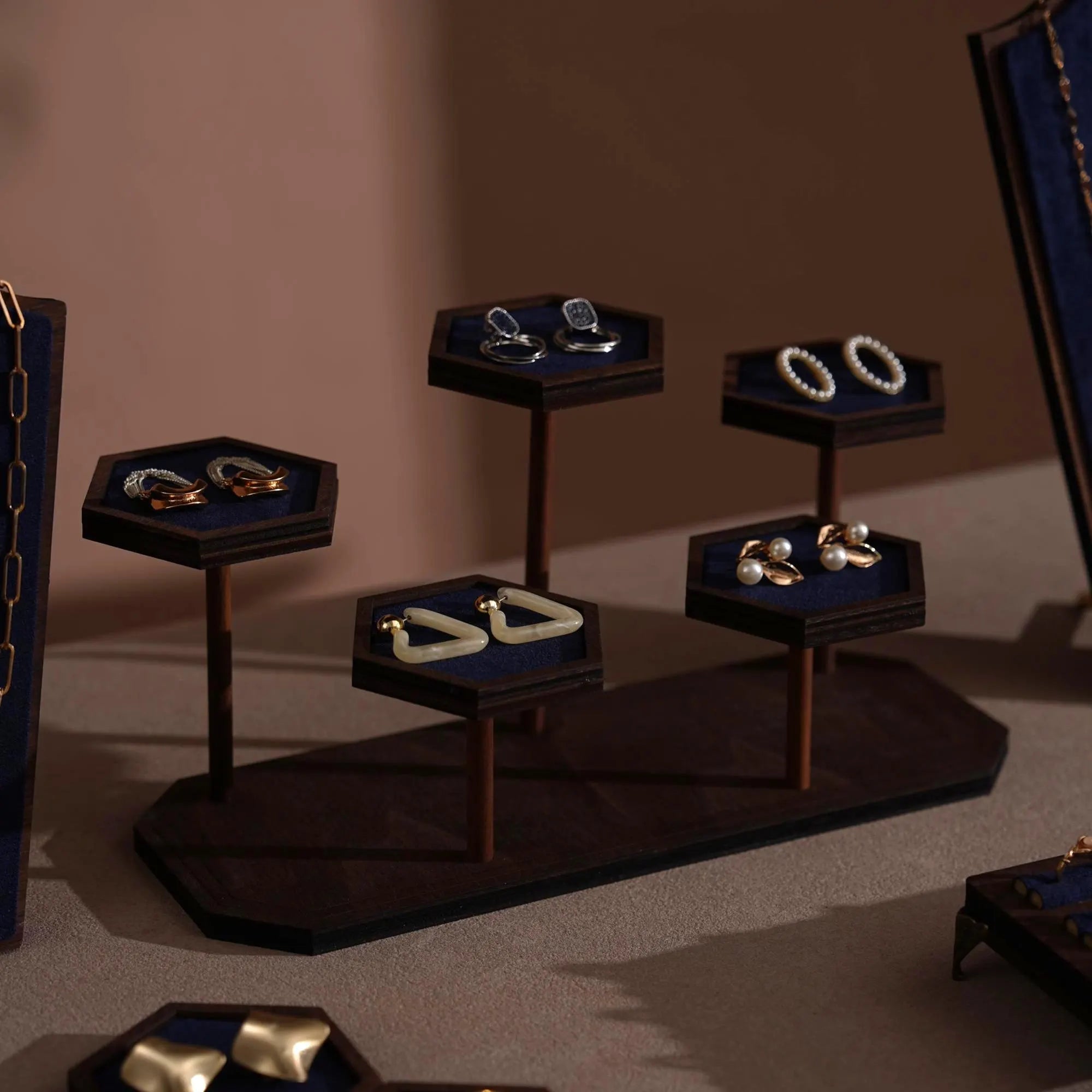 Walnut Veneer Jewelry Vendor Display Set (7-Piece) | 12 Colors