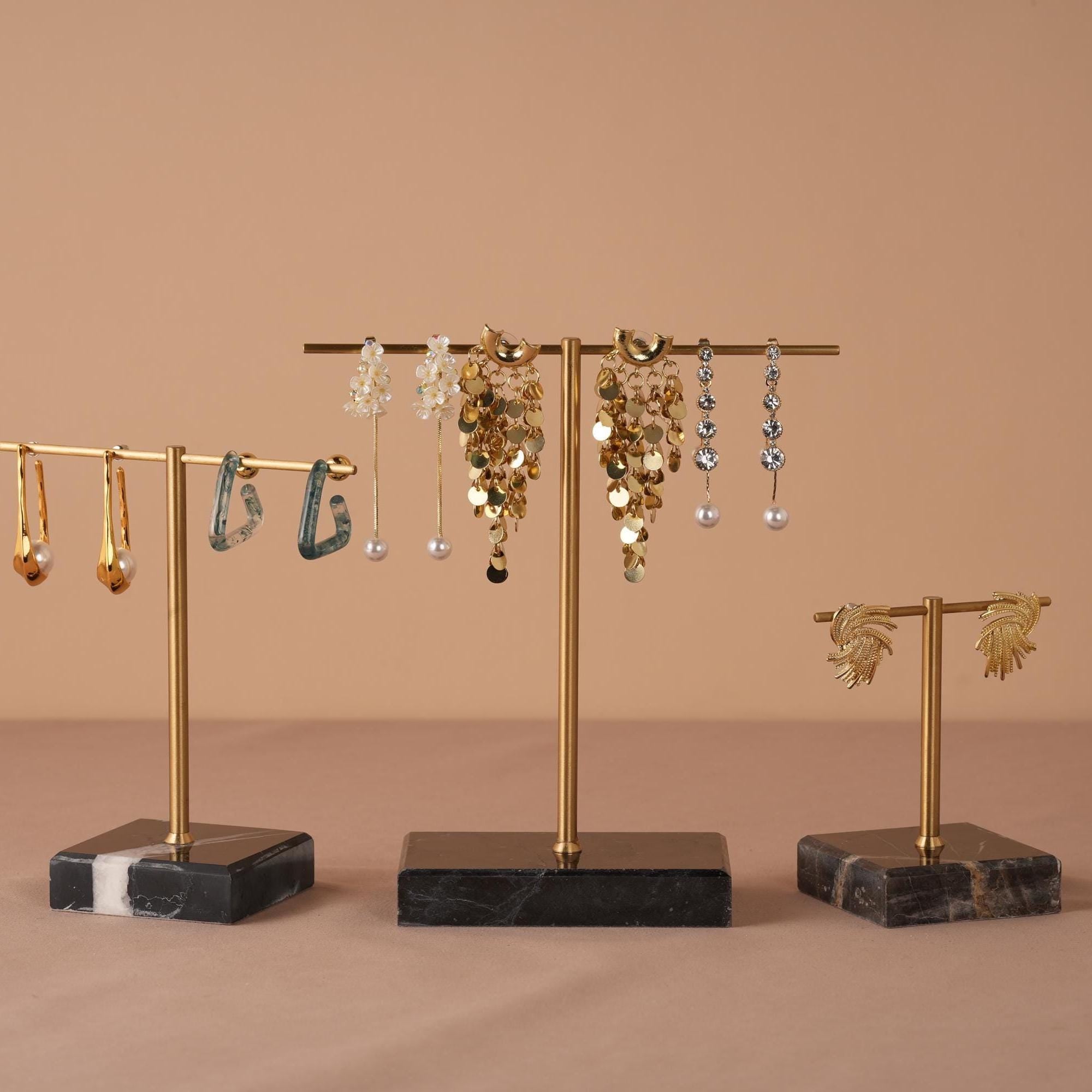 Marble Base Brass Earring Holder – Jewelry Display Stand, Boutique Decor