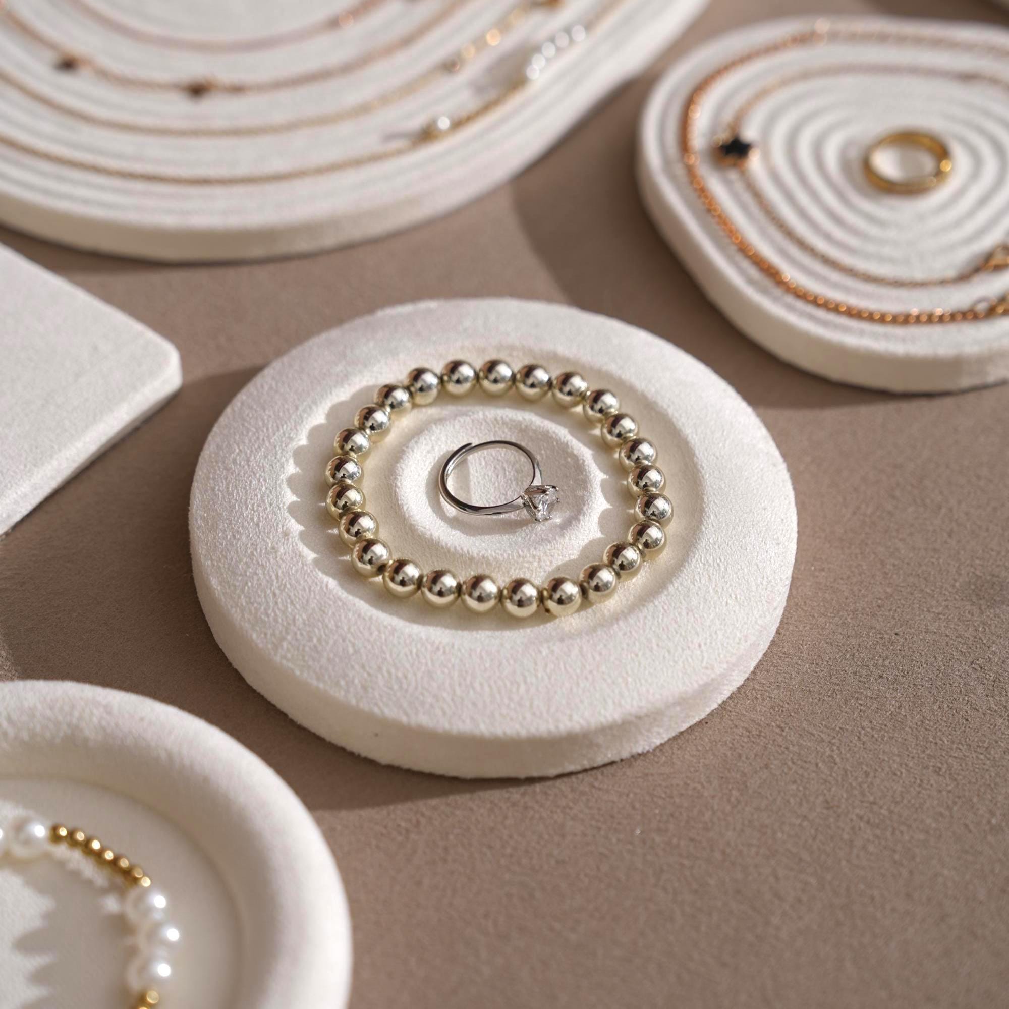 Elegant White Suede Jewelry Display Dish and Tray set