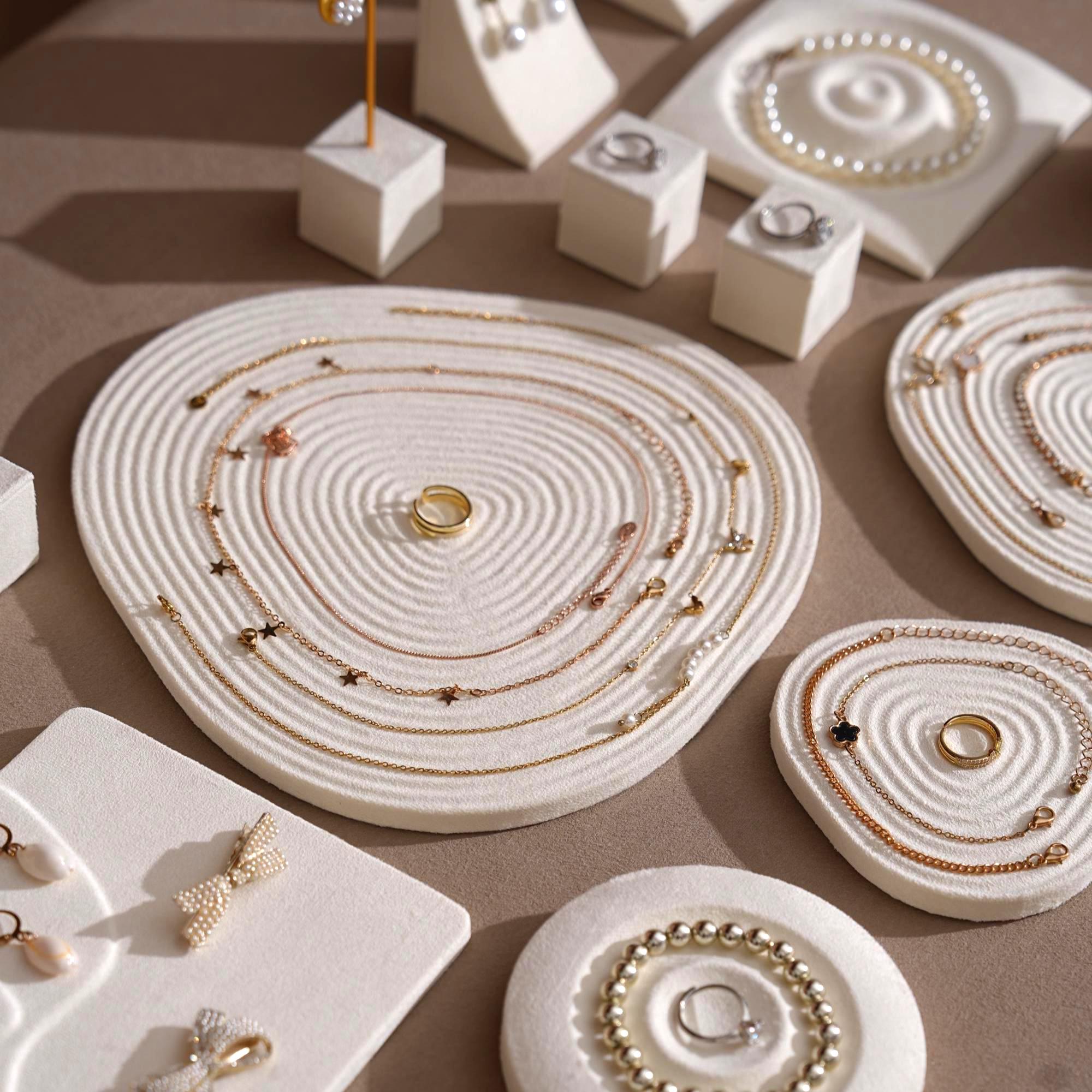 Elegant White Suede Jewelry Display Dish and Tray set