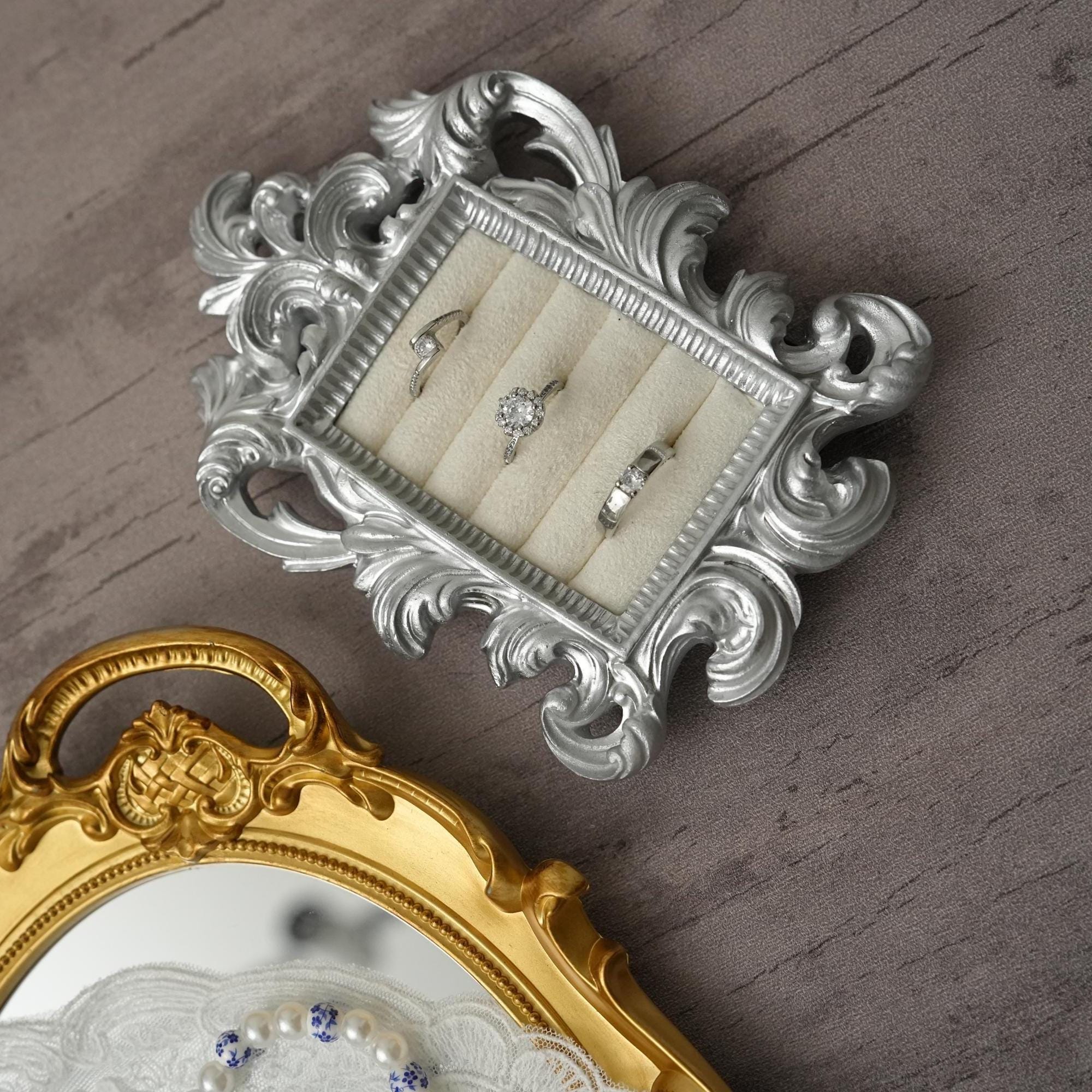 Rococo Silver Jewelry Display Frame: Suede Ring & Earring Holder