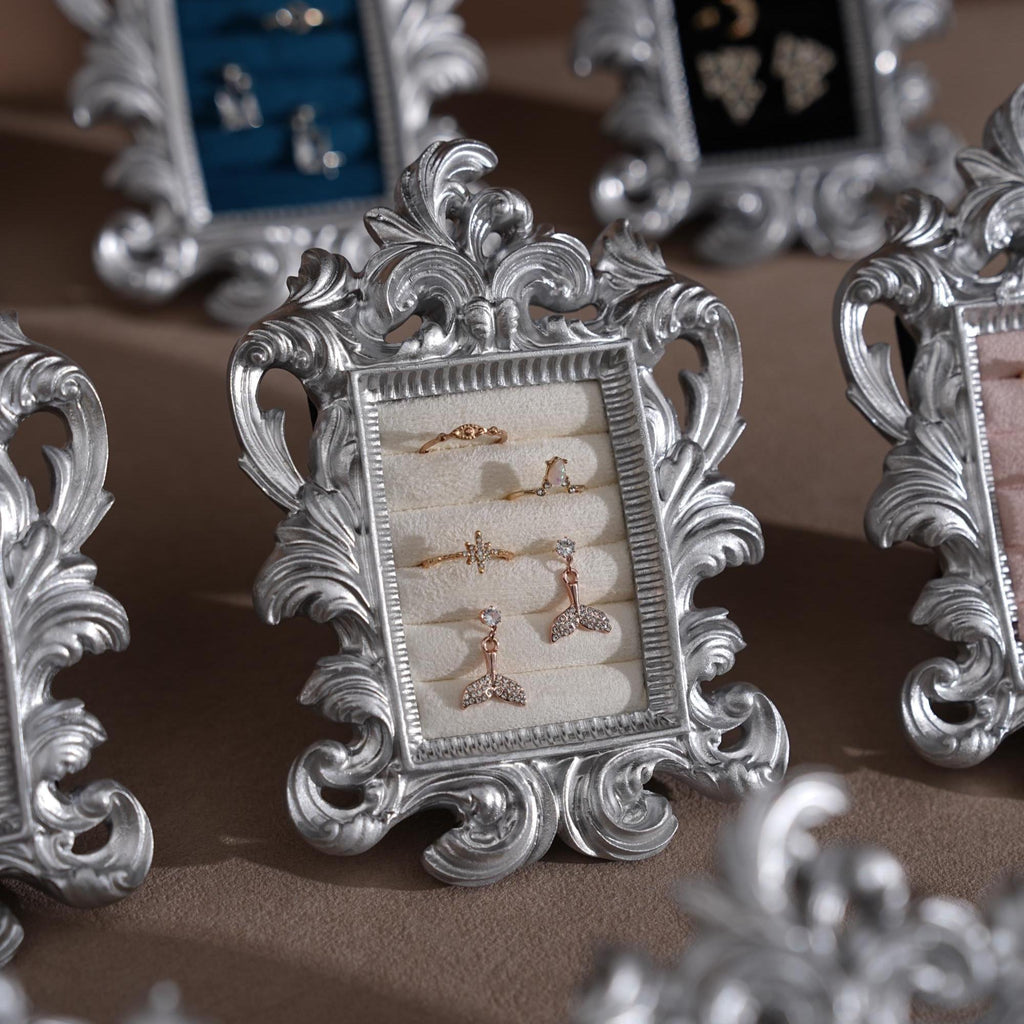 Rococo Silver Jewelry Display Frame: Suede Ring & Earring Holder