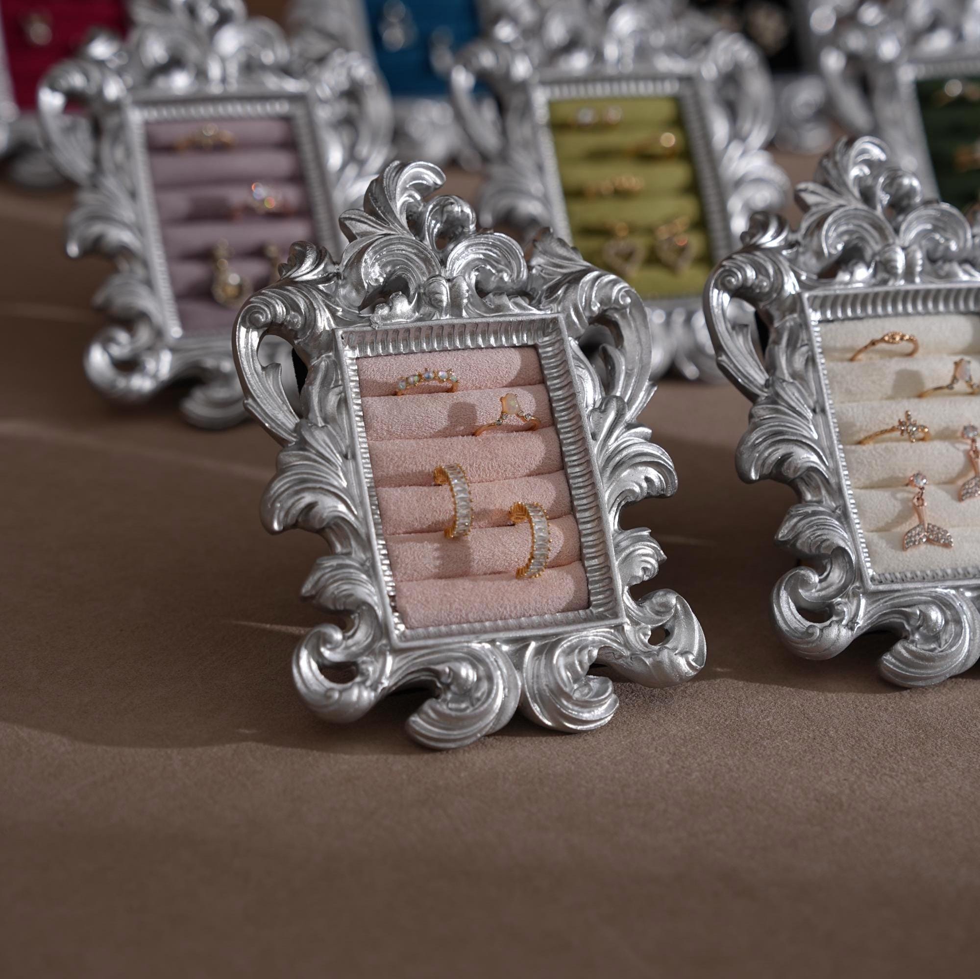 Rococo Silver Jewelry Display Frame: Suede Ring & Earring Holder