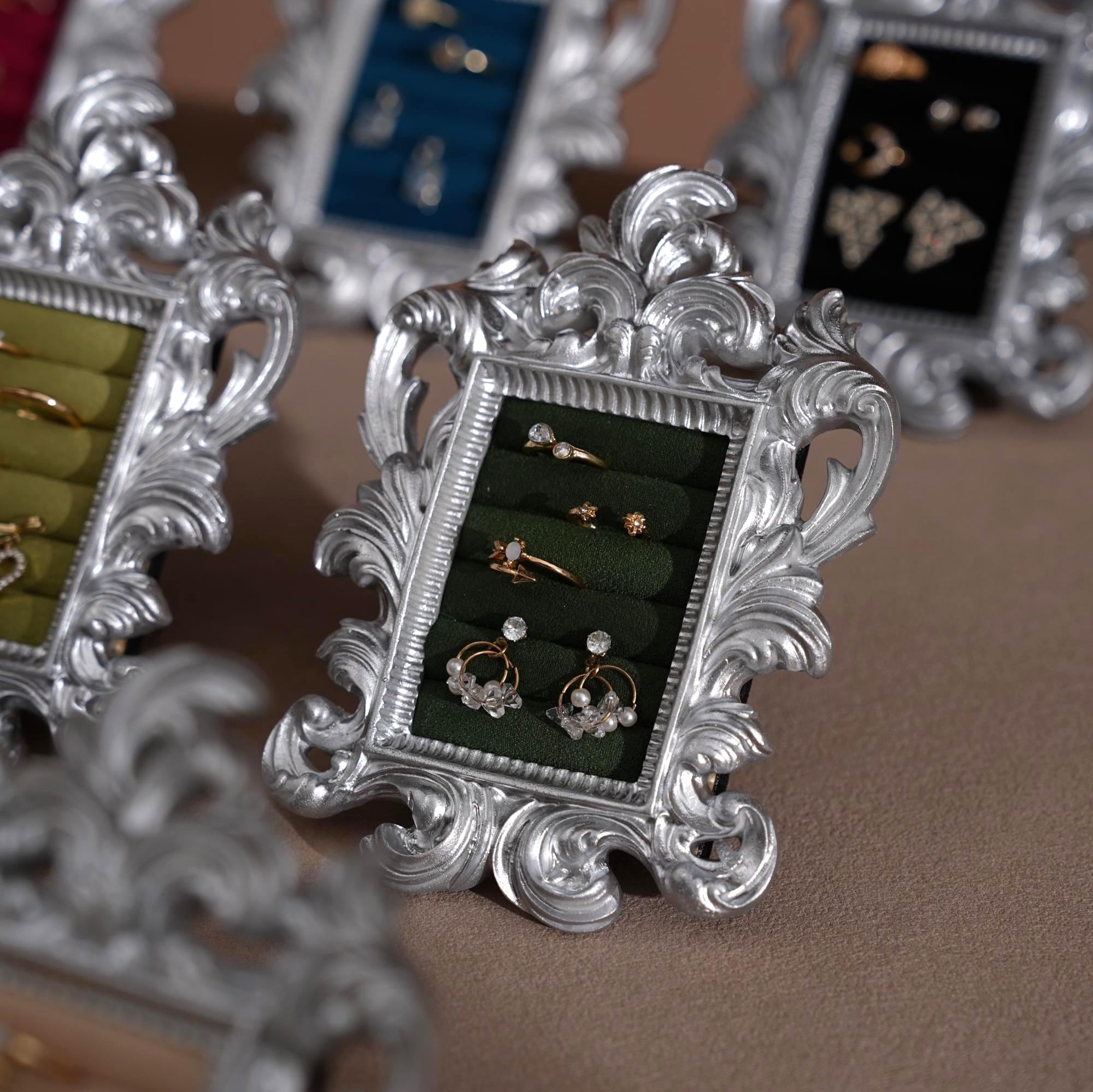 Rococo Silver Jewelry Display Frame: Suede Ring & Earring Holder