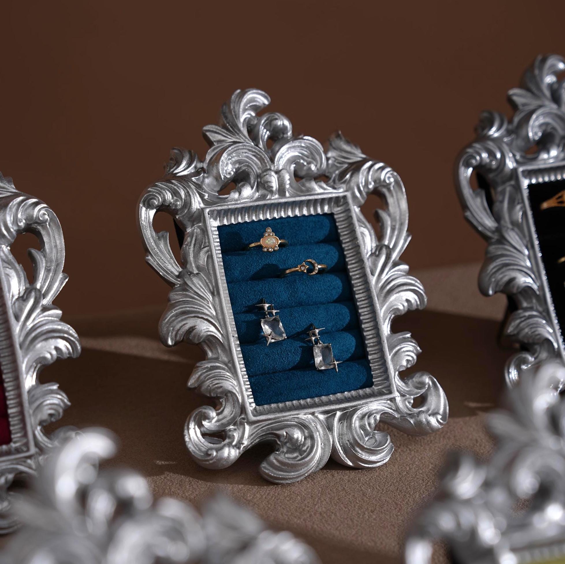 Rococo Silver Jewelry Display Frame: Suede Ring & Earring Holder