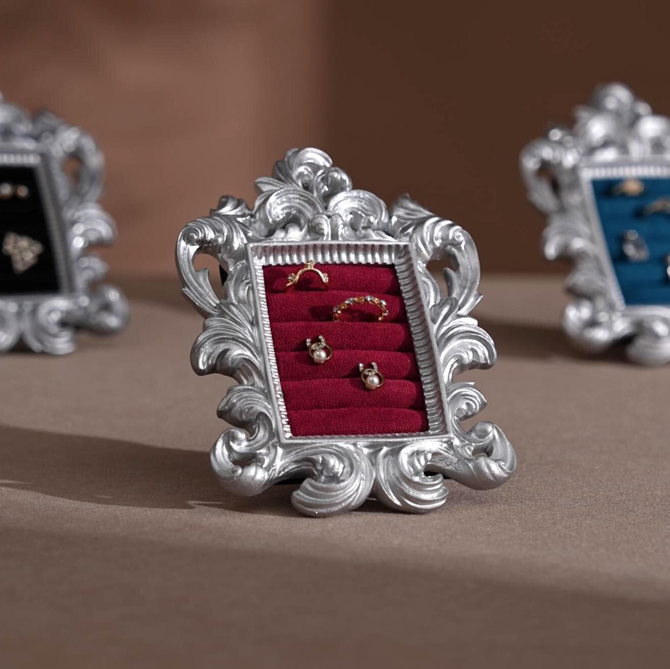 Rococo Silver Jewelry Display Frame: Suede Ring & Earring Holder
