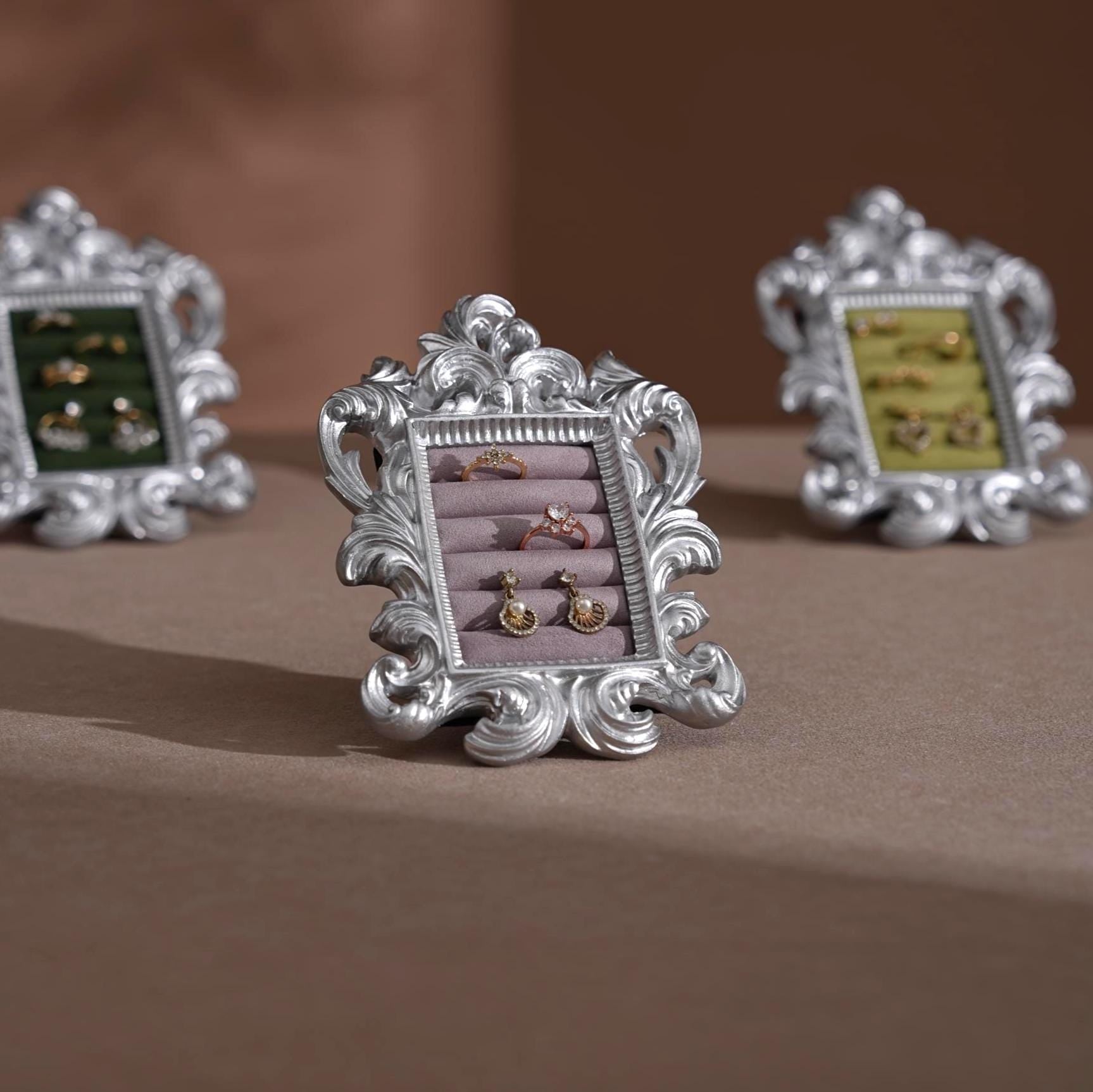 Rococo Silver Jewelry Display Frame: Suede Ring & Earring Holder