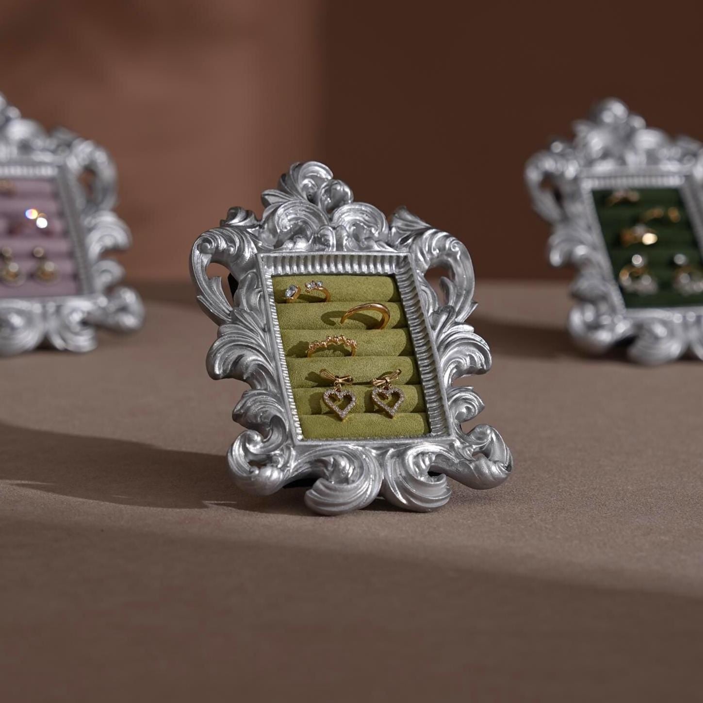Rococo Silver Jewelry Display Frame: Suede Ring & Earring Holder