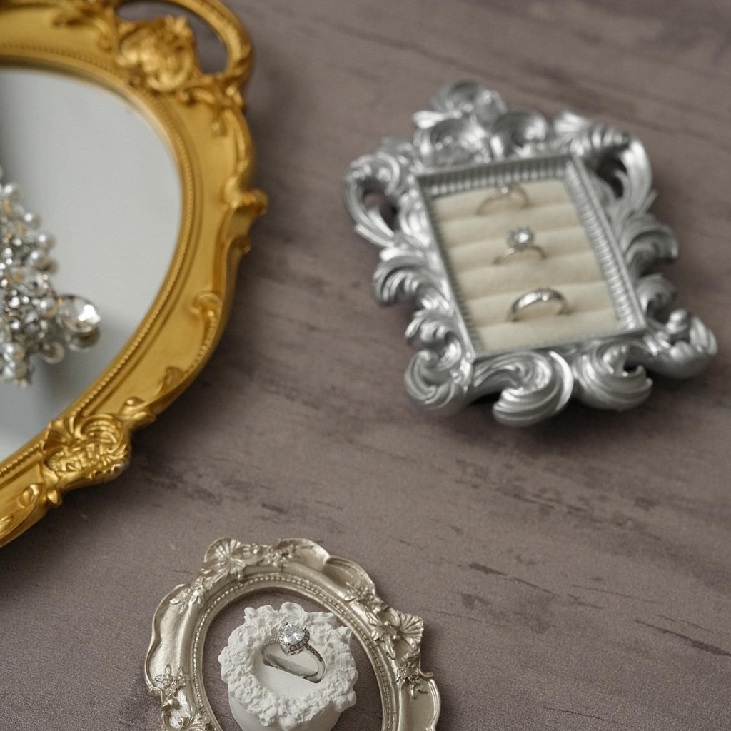 Rococo Silver Jewelry Display Frame: Suede Ring & Earring Holder