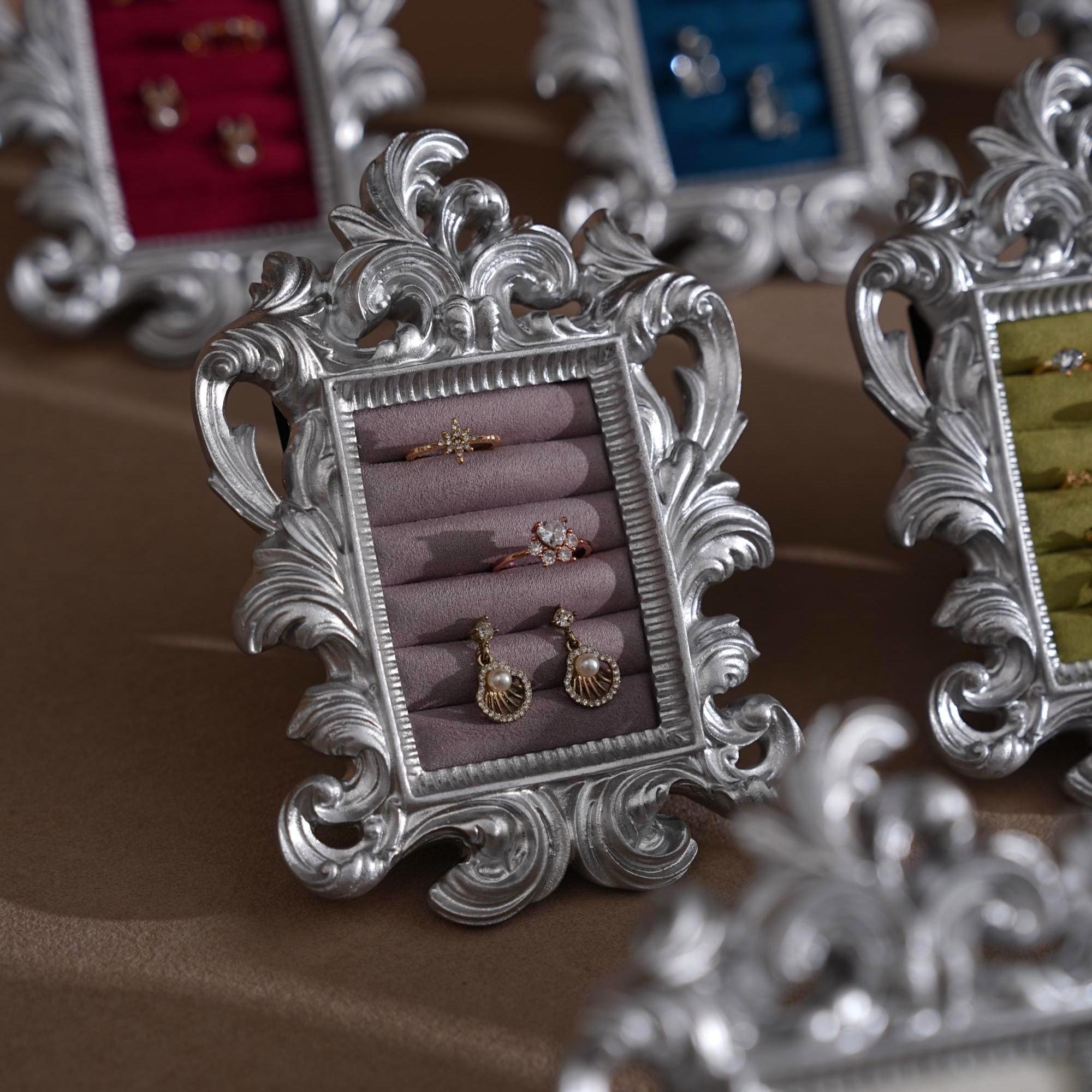 Rococo Silver Jewelry Display Frame: Suede Ring & Earring Holder