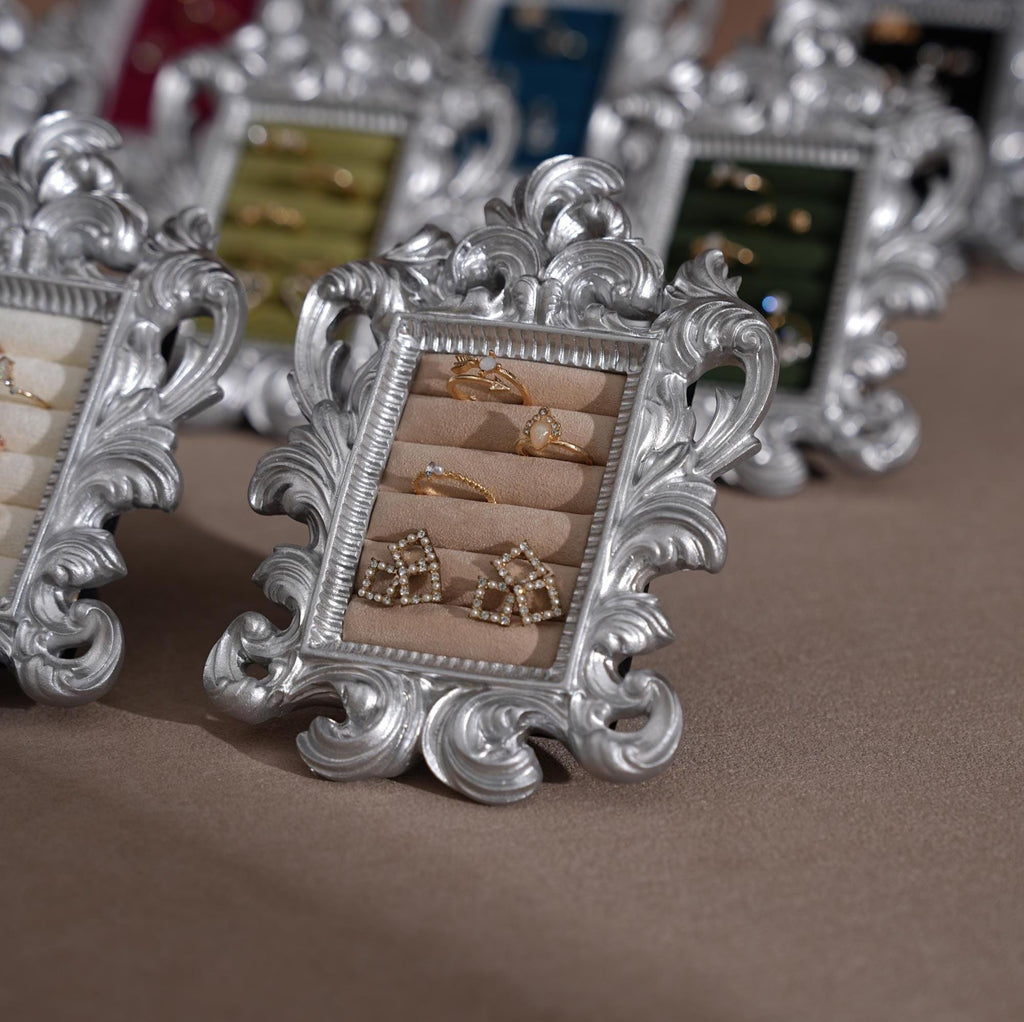 Rococo Silver Jewelry Display Frame: Suede Ring & Earring Holder