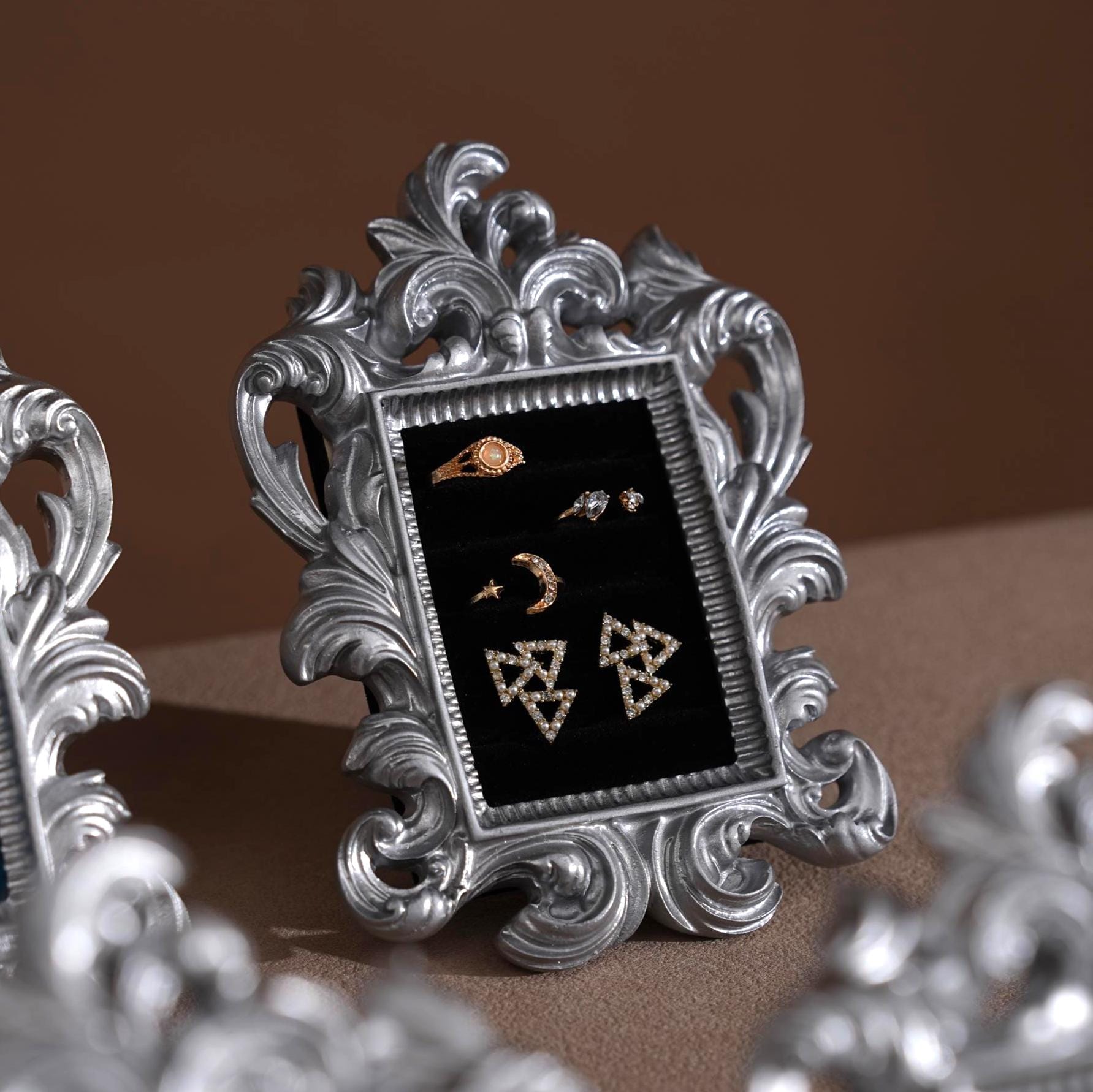 Rococo Silver Jewelry Display Frame: Suede Ring & Earring Holder
