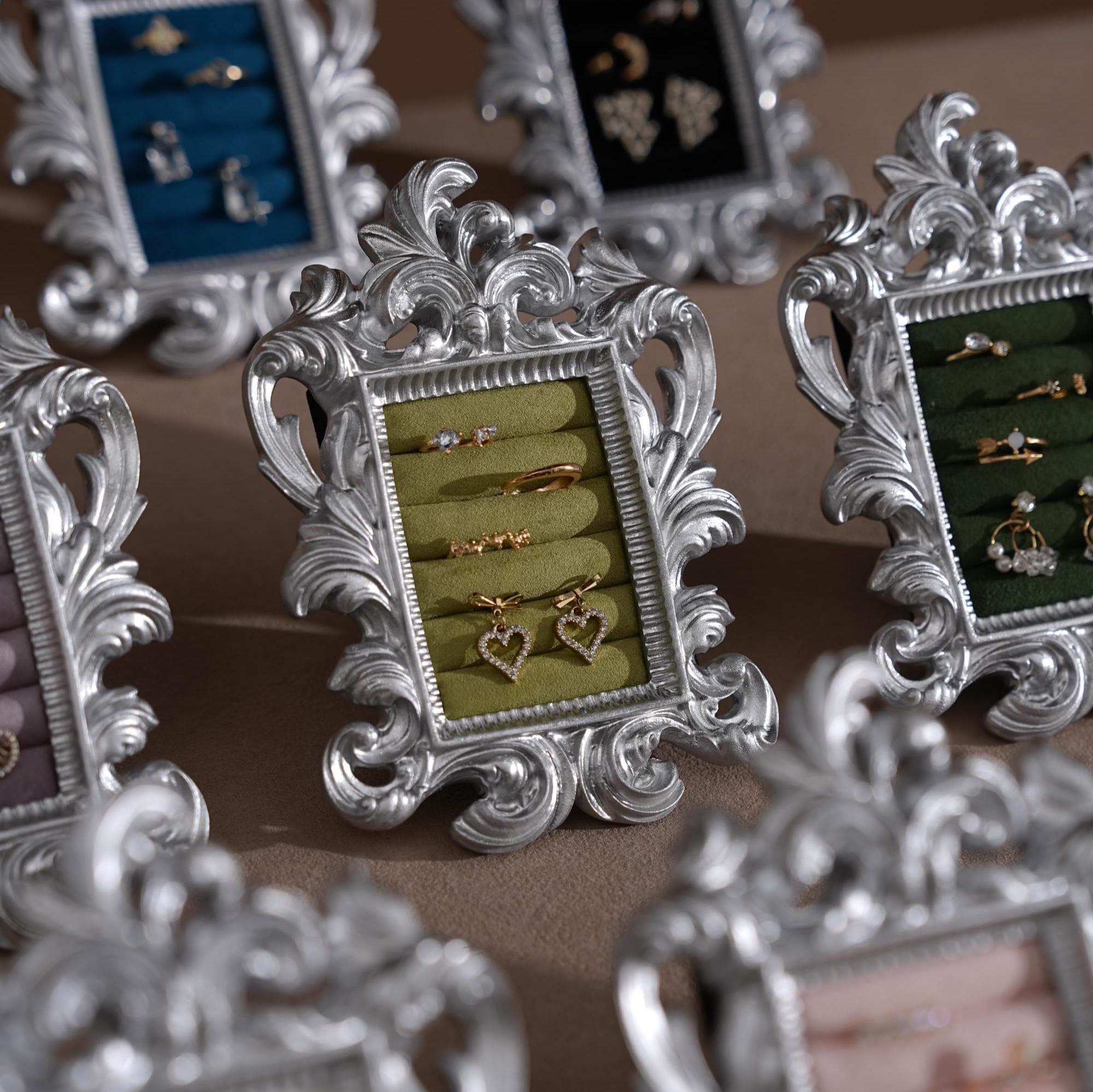 Rococo Silver Jewelry Display Frame: Suede Ring & Earring Holder