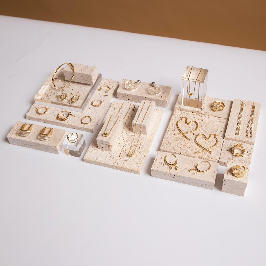 Yellow Travertine Jewelry Display Set – 13-Piece Boutique Showcase Kit