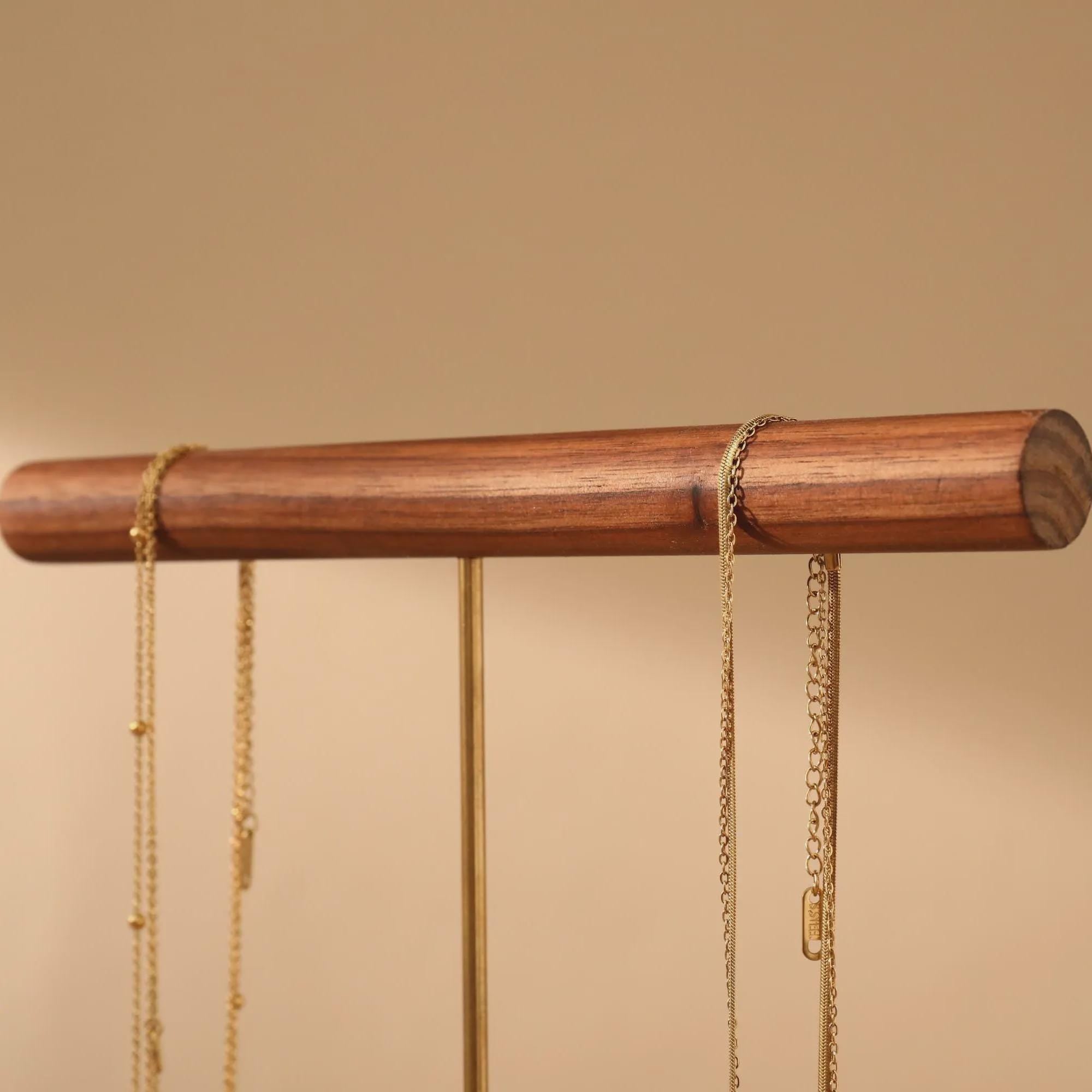Solid Walnut Wood Jewelry Display Stand with Brass Rod – Necklace Bracelet Organizer