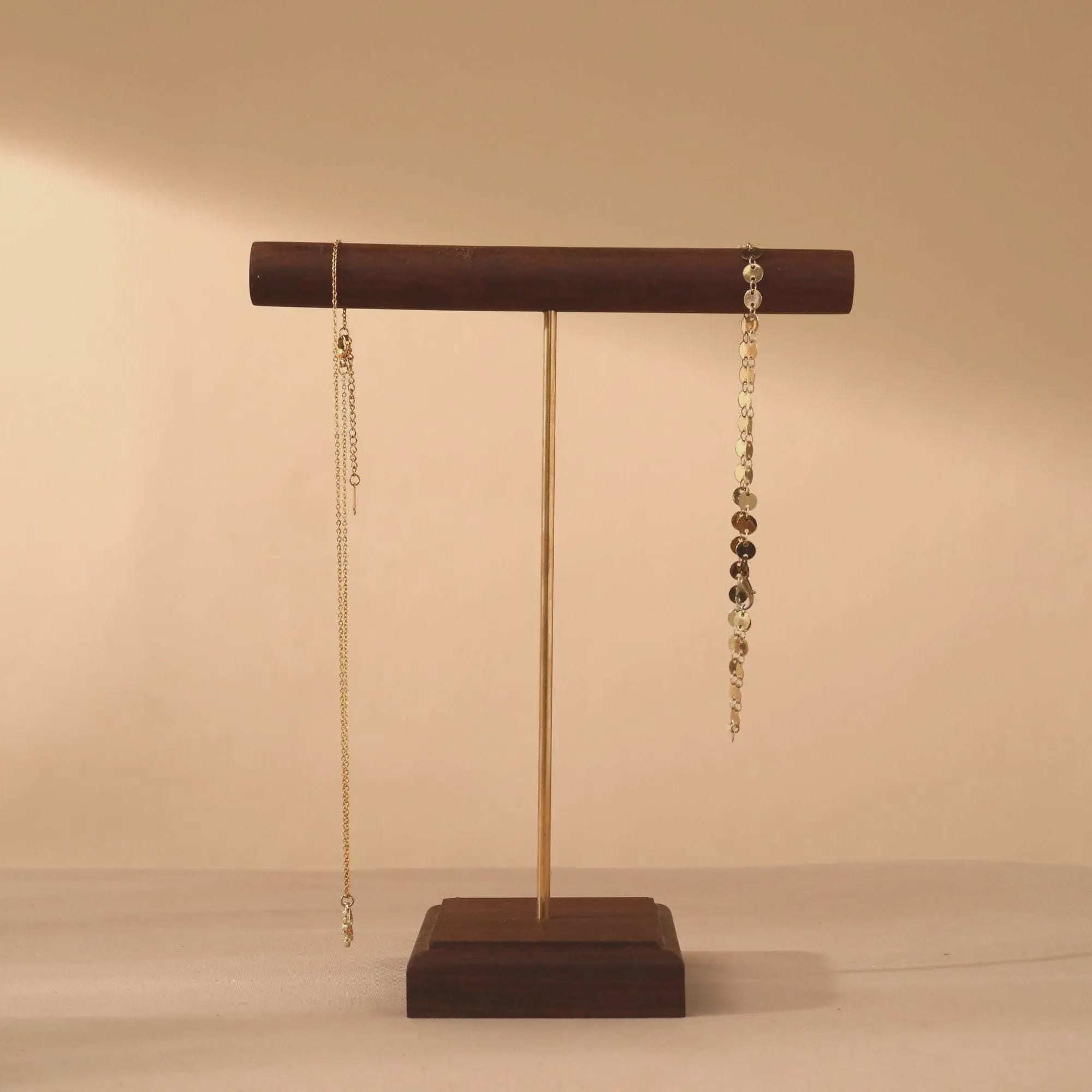 Solid Walnut Wood Jewelry Display Stand with Brass Rod – Necklace Bracelet Organizer