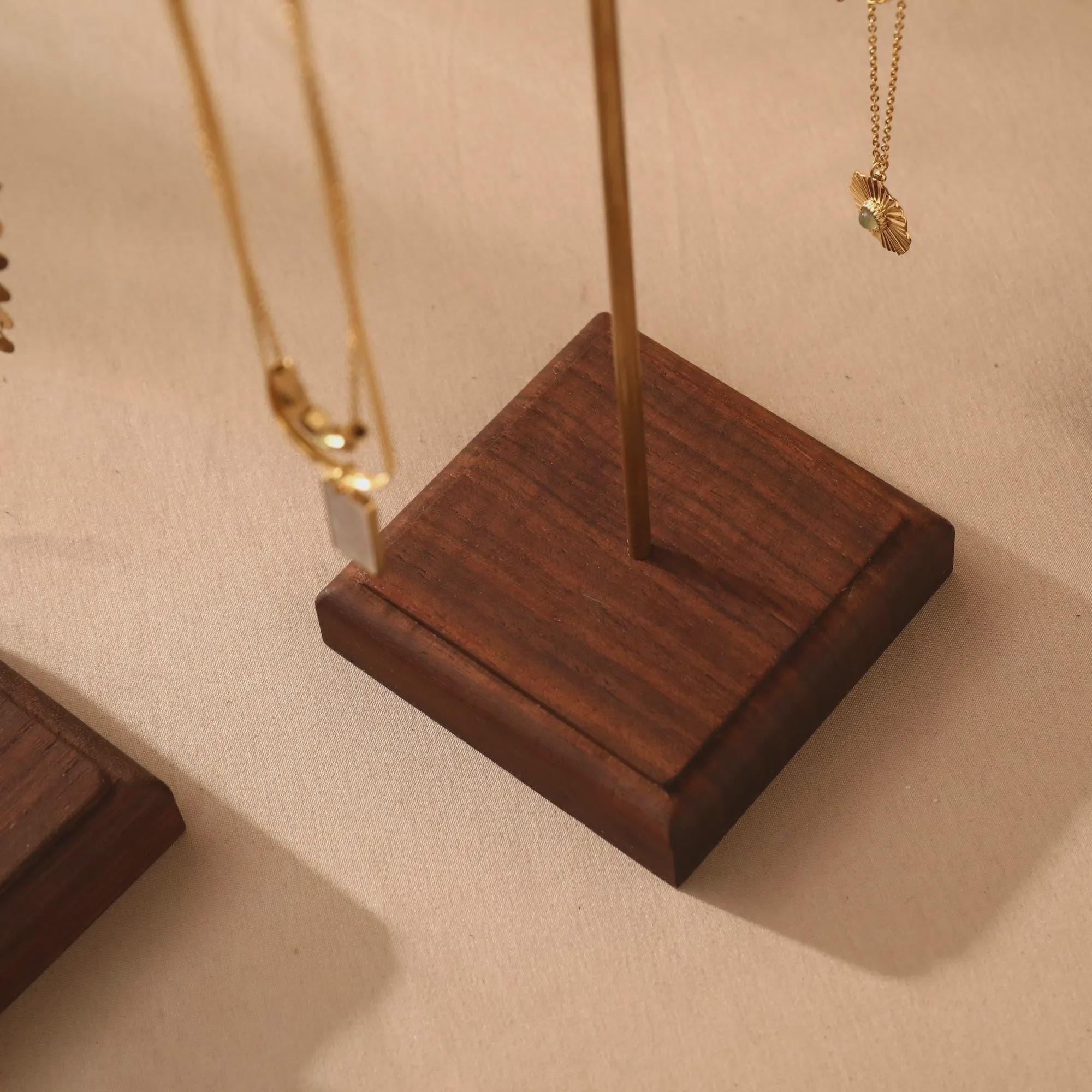Solid Walnut Wood Jewelry Display Stand with Brass Rod – Necklace Bracelet Organizer