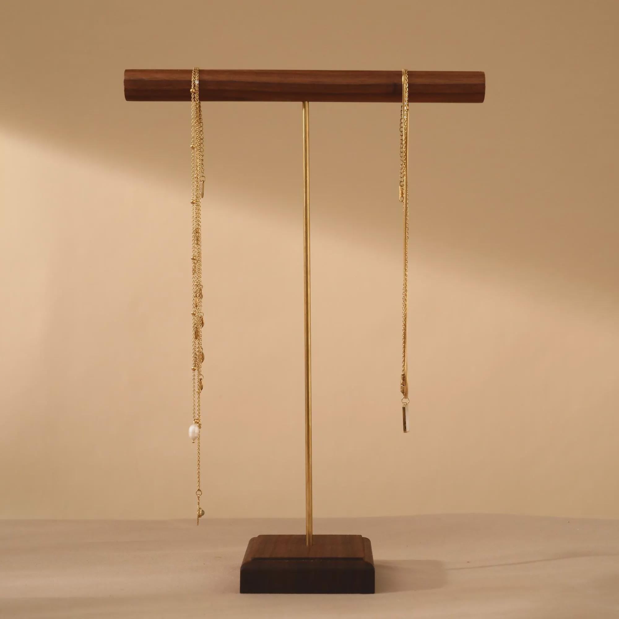 Solid Walnut Wood Jewelry Display Stand with Brass Rod – Necklace Bracelet Organizer