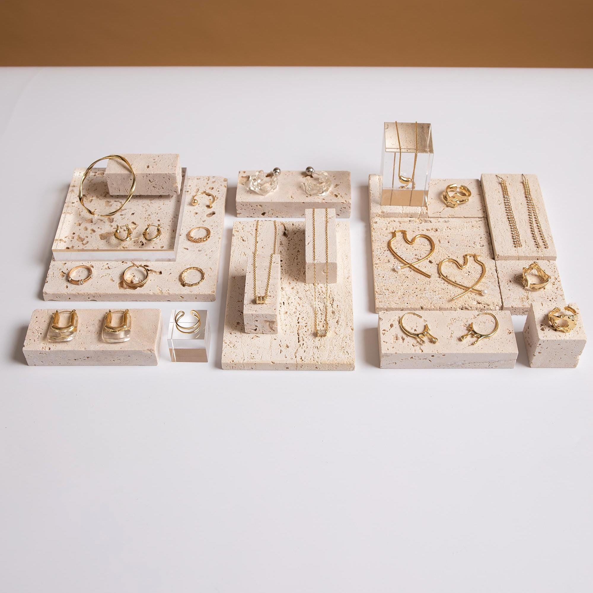 Yellow Travertine Jewelry Display Set – 13-Piece Boutique Showcase Kit