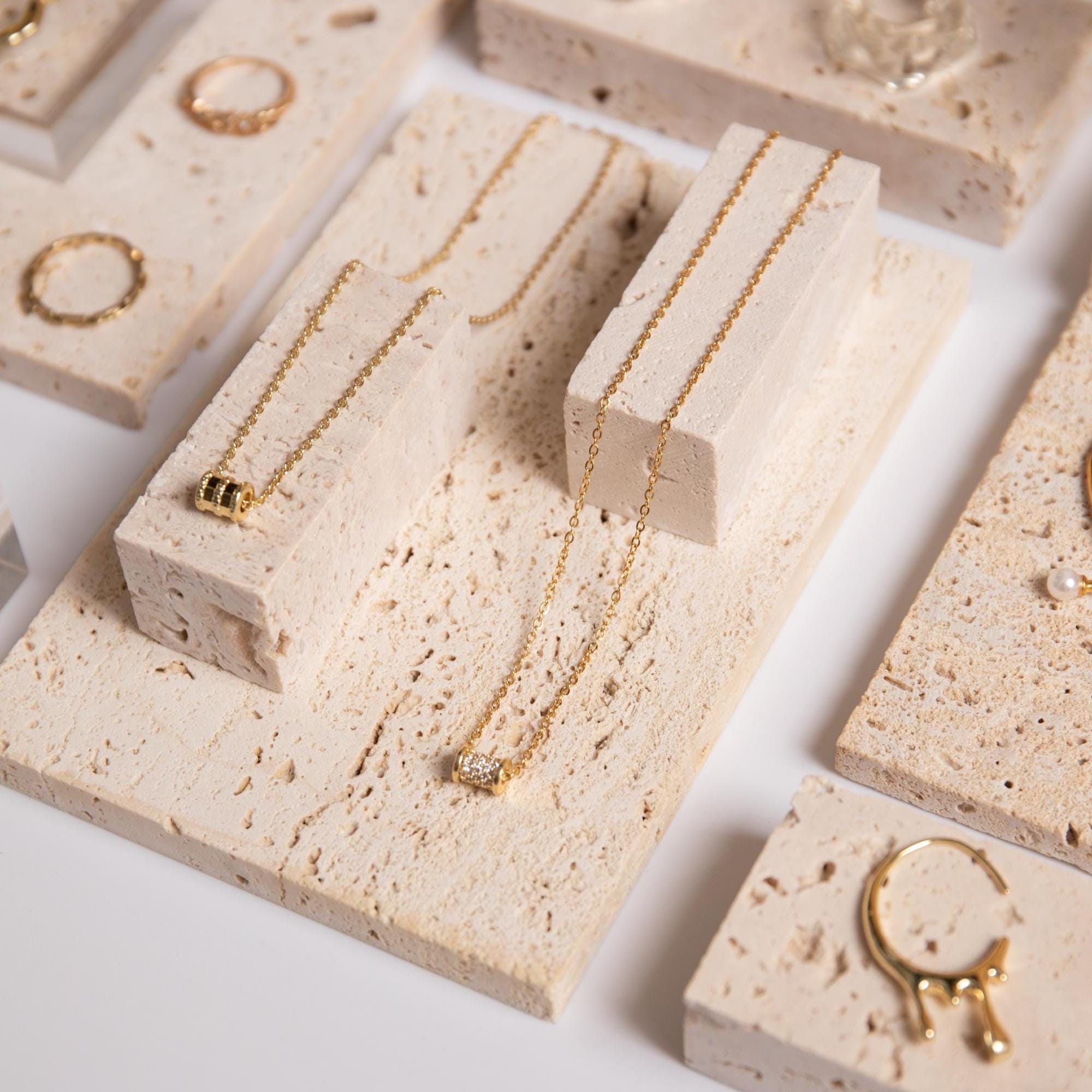 Yellow Travertine Jewelry Display Set – 13-Piece Boutique Showcase Kit