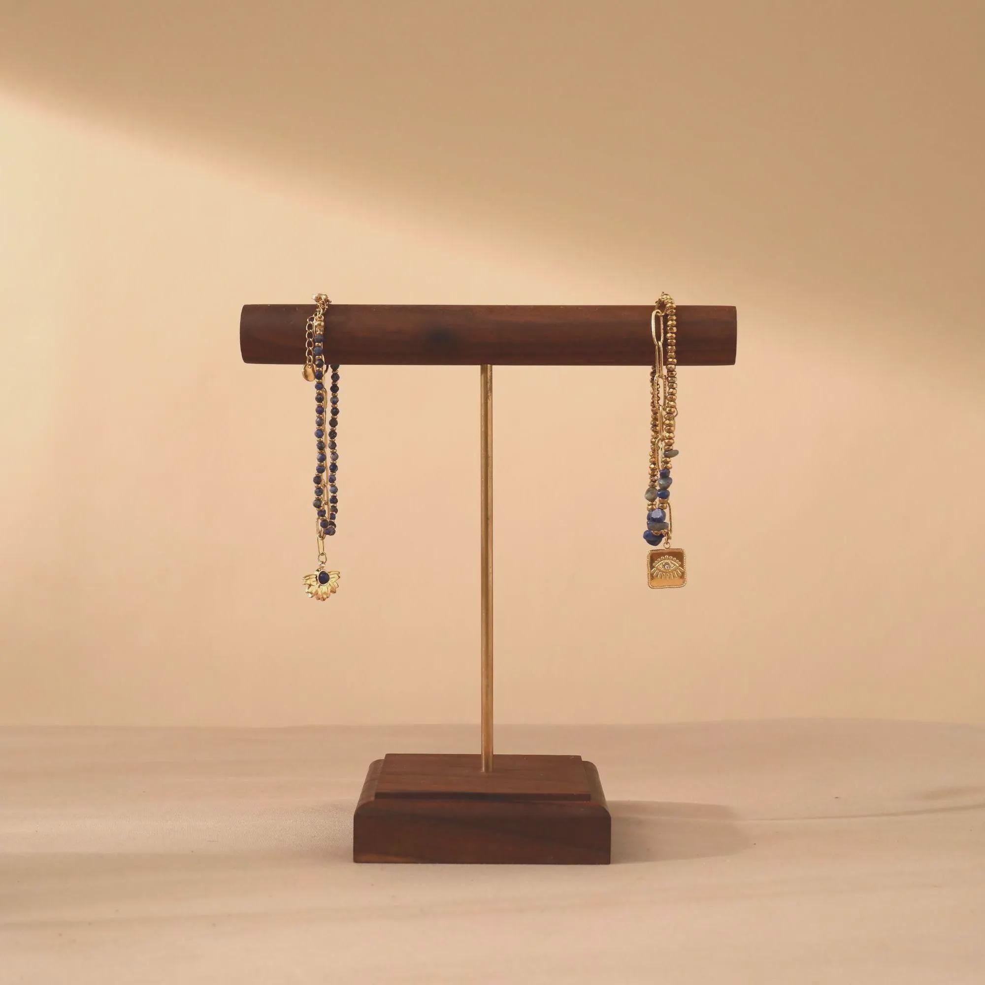 Solid Walnut Wood Jewelry Display Stand with Brass Rod – Necklace Bracelet Organizer