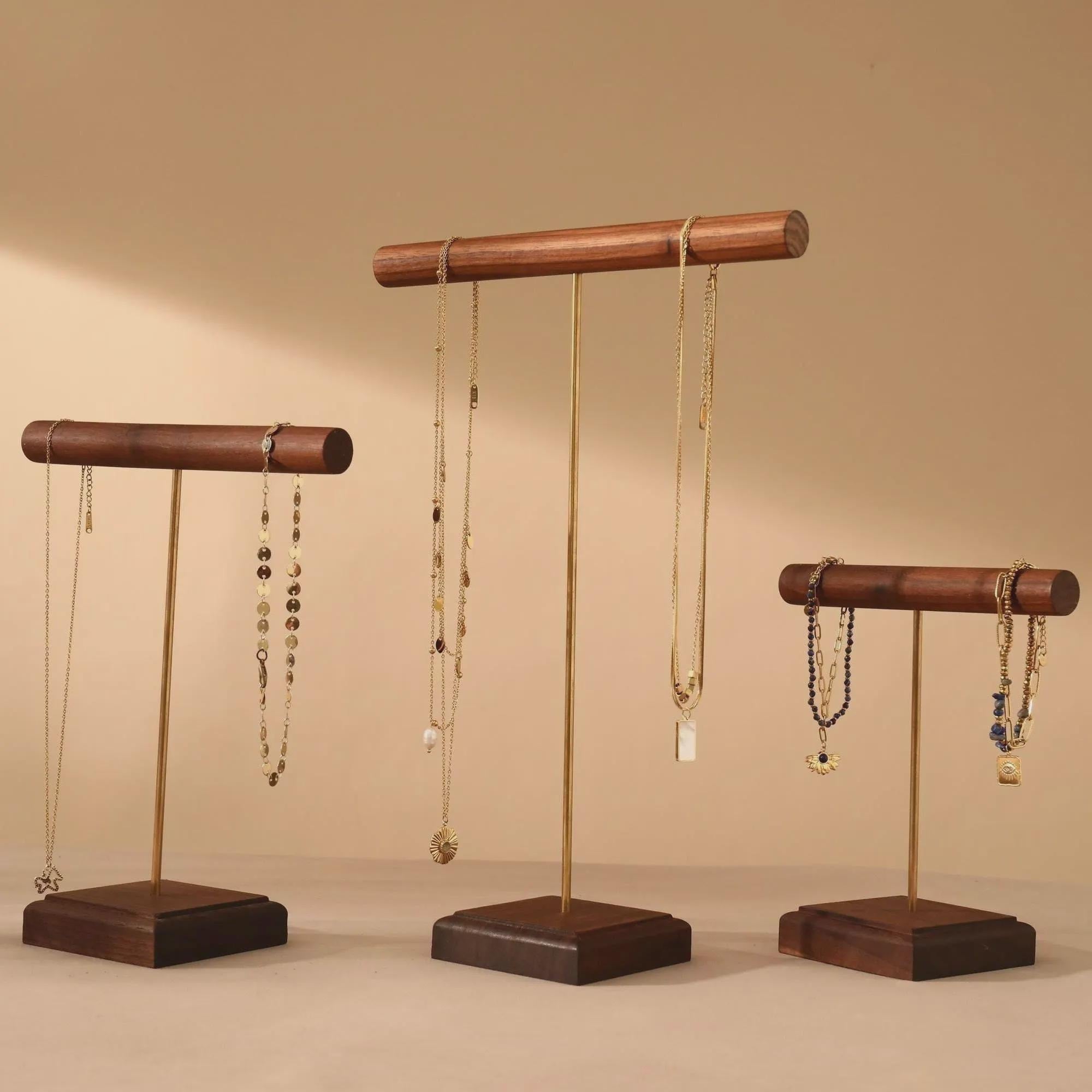 Solid Walnut Wood Jewelry Display Stand with Brass Rod – Necklace Bracelet Organizer