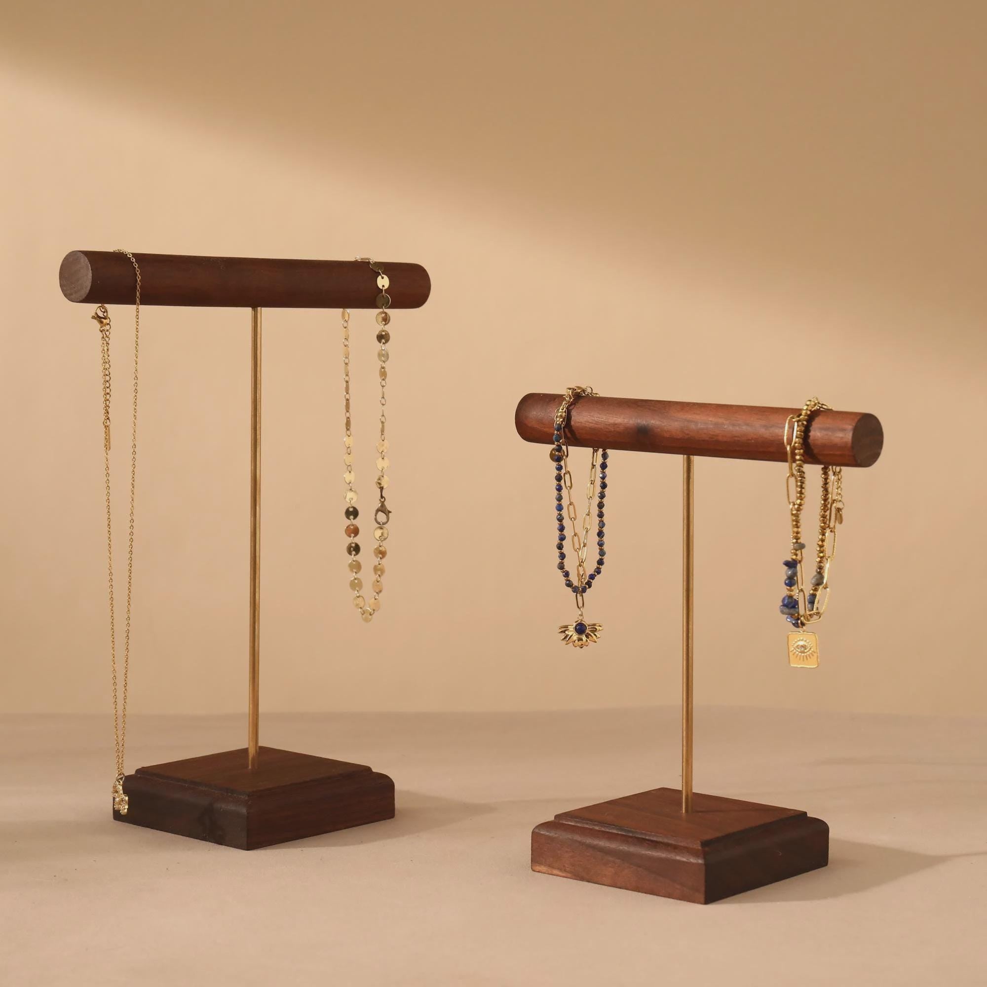 Solid Walnut Wood Jewelry Display Stand with Brass Rod – Necklace Bracelet Organizer