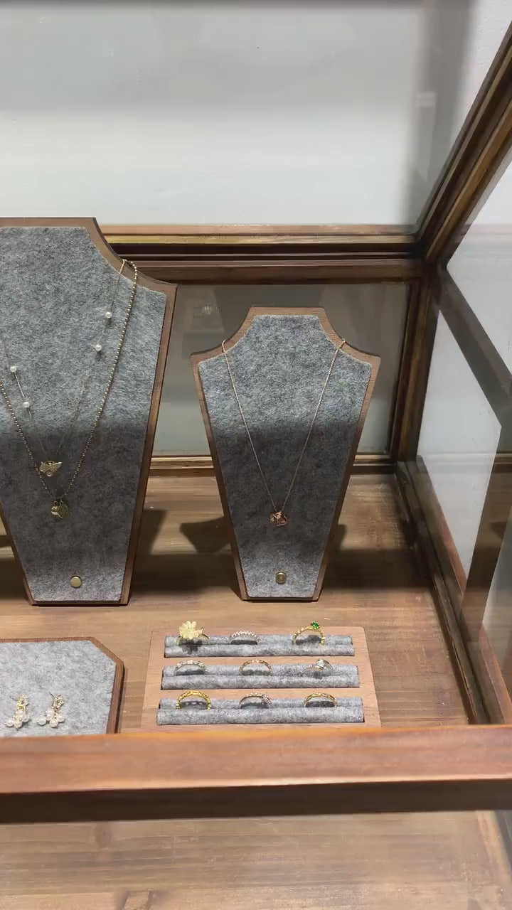 Walnut Veneer Jewelry Display Set: Boutique Showcase Organizer