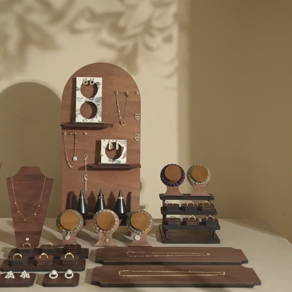 Walnut Veneer 44-Piece Jewelry Display Set